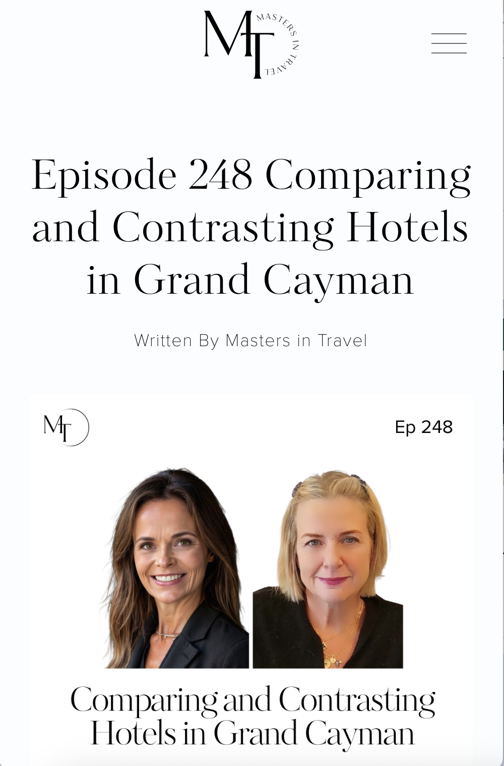 Podcast cover featuring two women, Michelle Orr and Andrea Duvall, with a title about comparing and contrasting hotels in Grand Cayman.