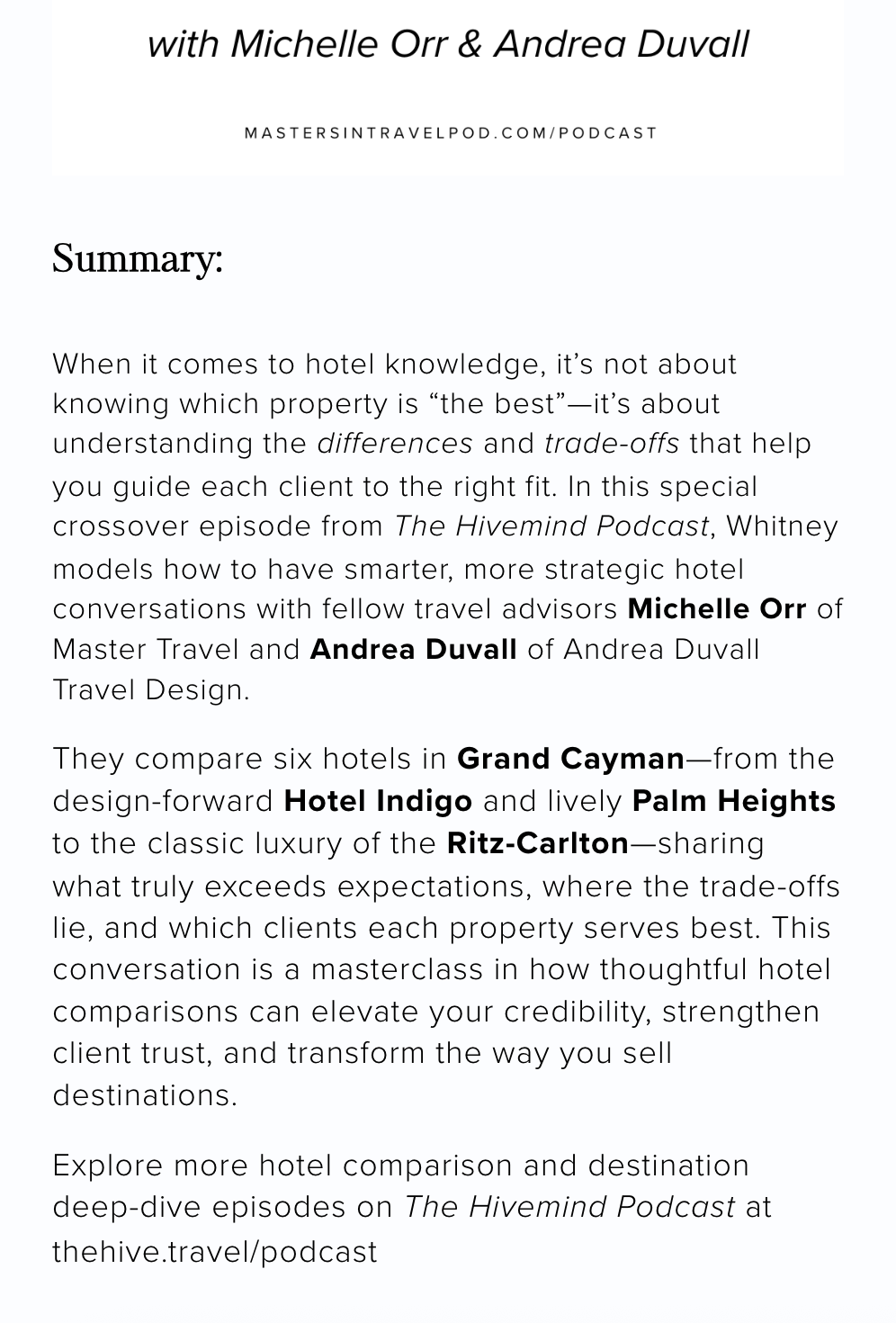 Screenshot of a podcast page about hotel comparisons, featuring a graphic of two women and a play button for YouTube.