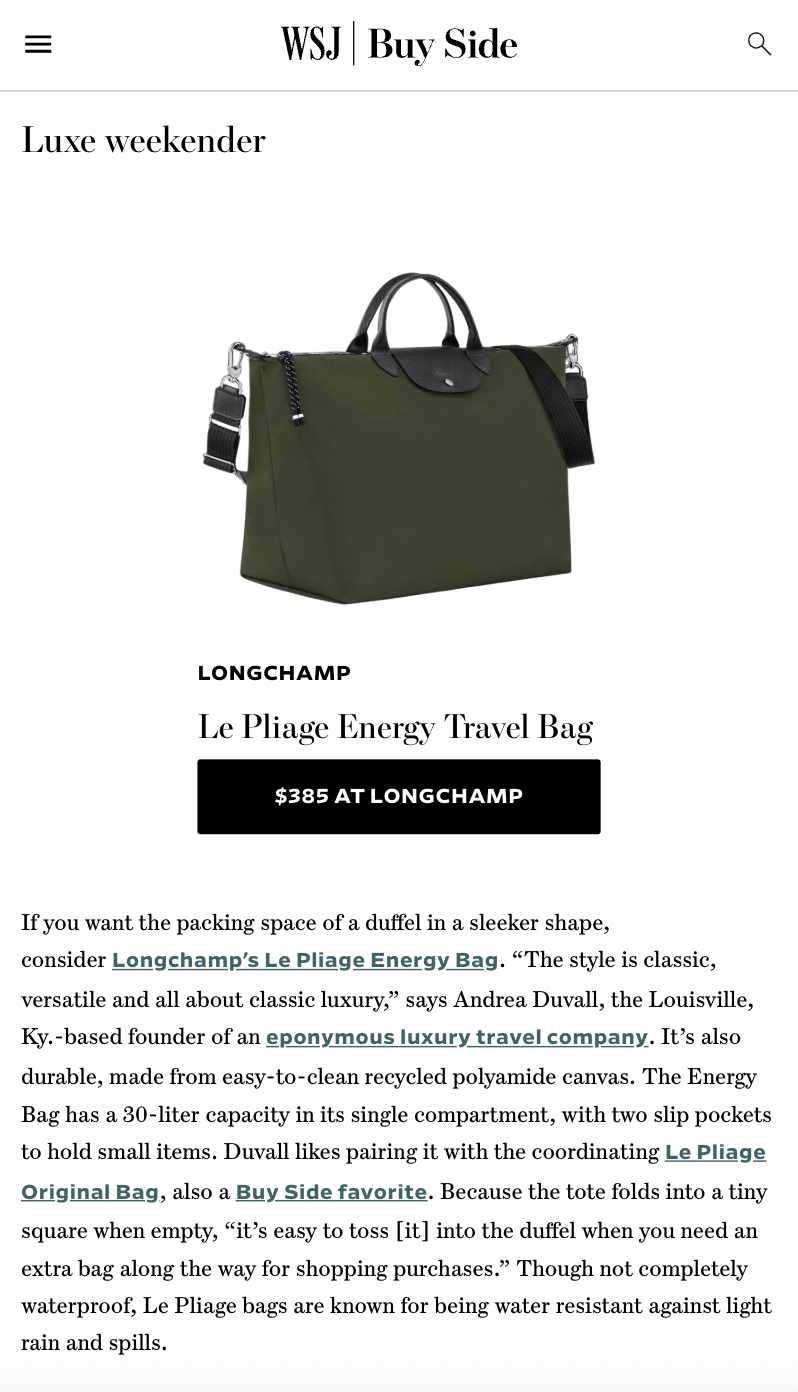 A website page displaying a green Le Pliage Energy Travel Bag with black handles and strap, priced at $385 by Longchamp.