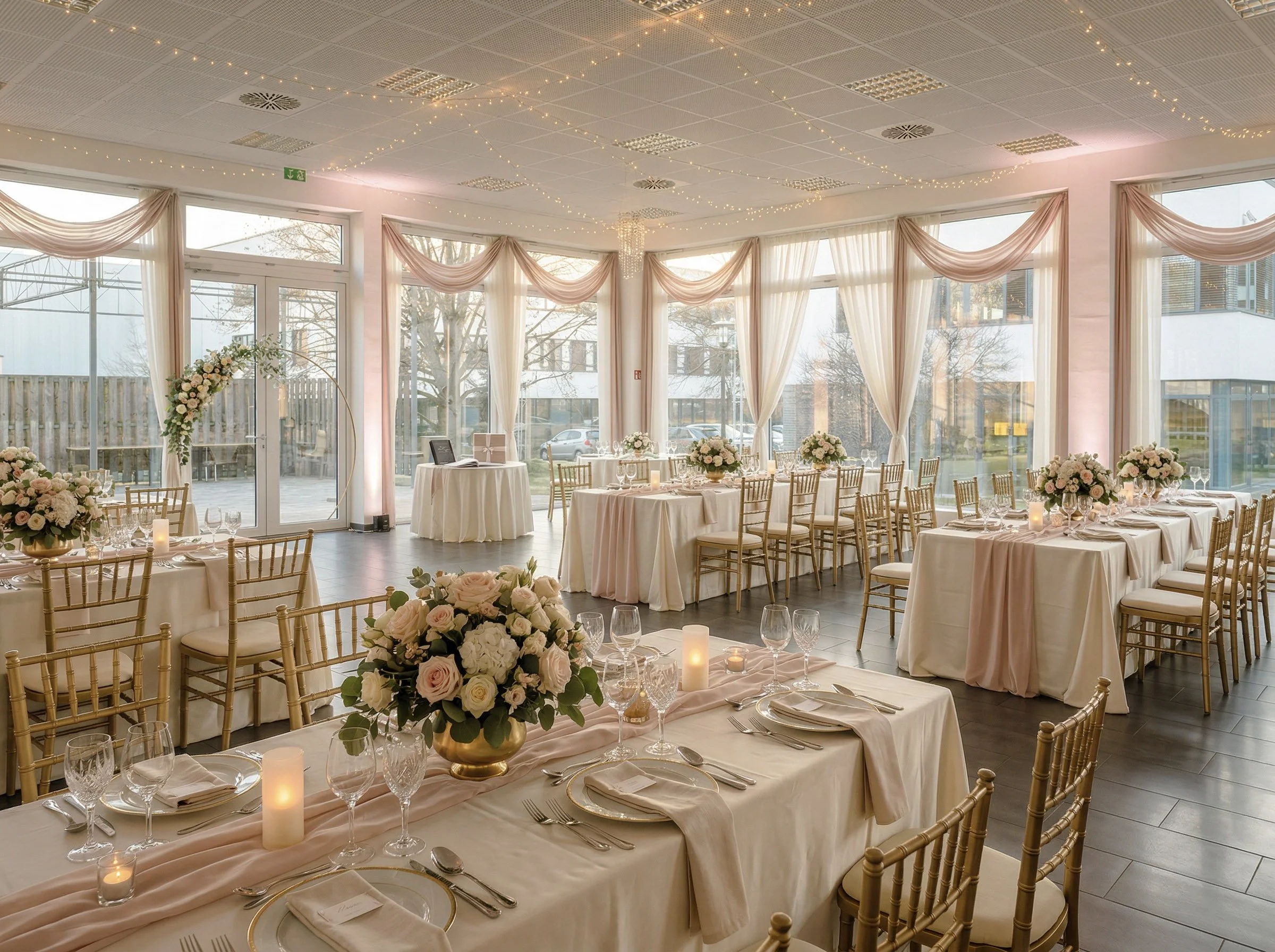Eindeckte Tische und florale Dekoration in der Eventlocation Lunchquartier Glinde.