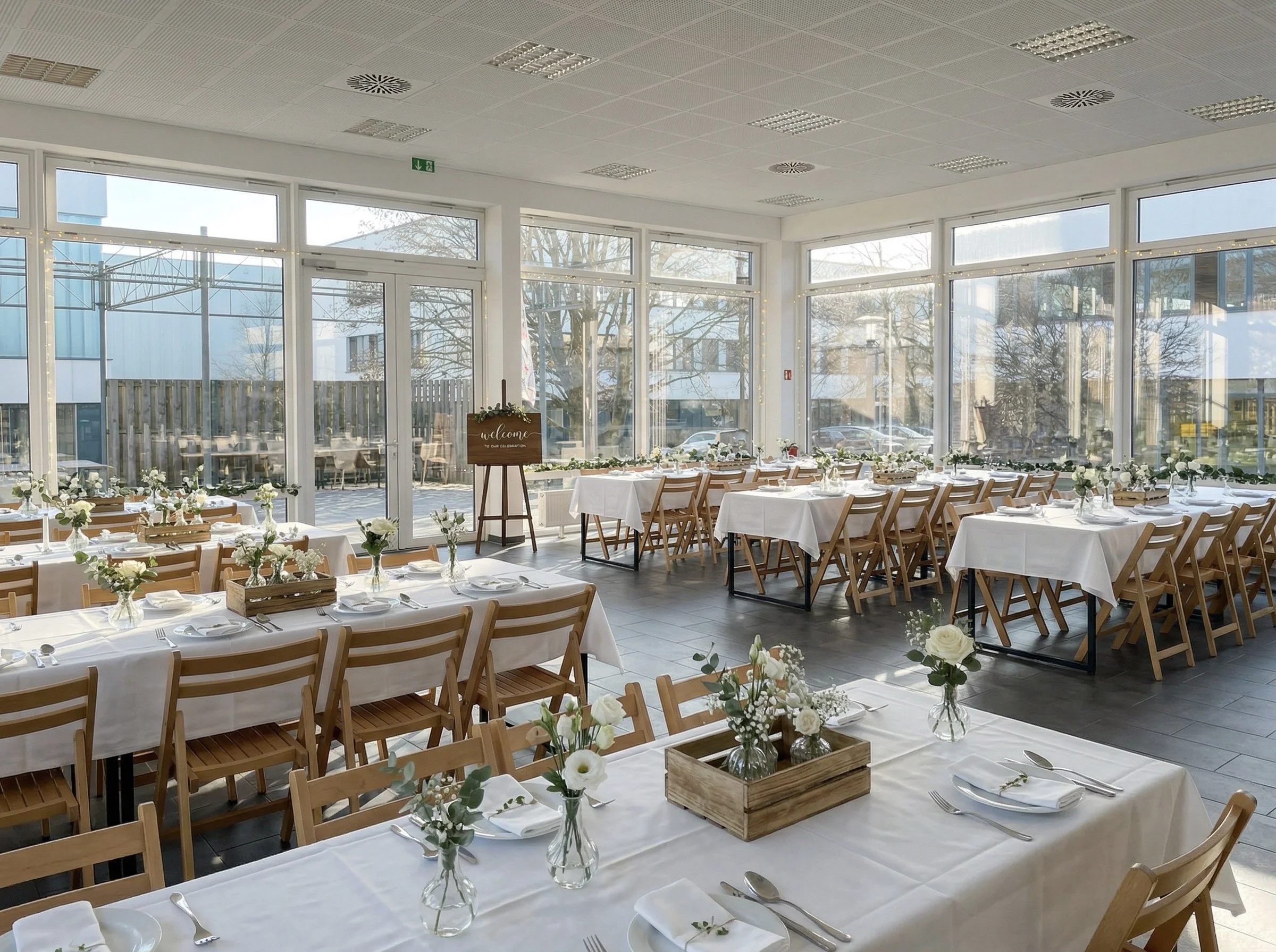 Festlich dekorierter Saal der Eventlocation Lunchquartier in Glinde für Hochzeiten.