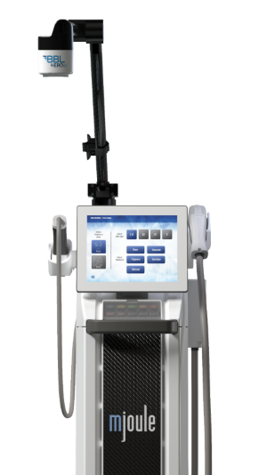 Medical device with a touch screen interface and attached components, labeled "mjoule" and "BBL HERO."