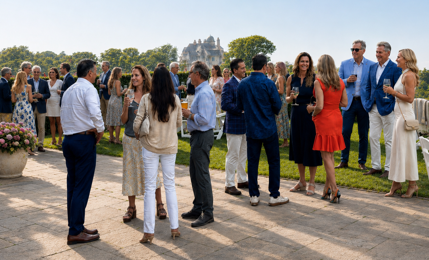 People gathered outdoors at a social event, some holding wine glasses, with a large mansion and trees in the background.