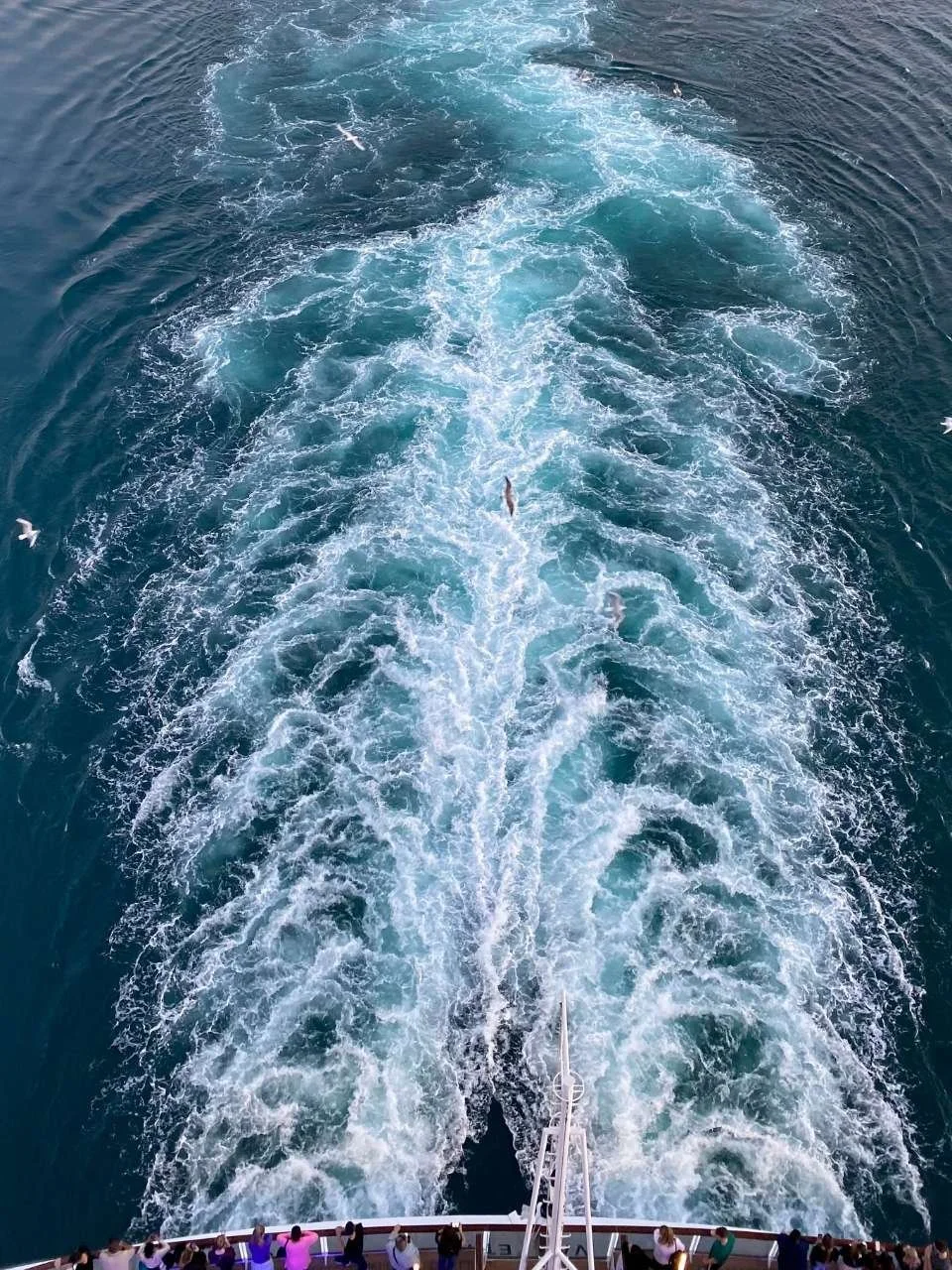 A view from the back of a boat showing the wake and churned water behind it, with people standing on the deck.