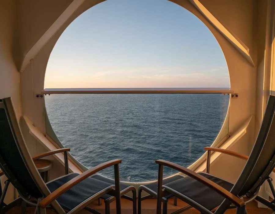 View of the ocean through a round window on a cruise ship, with two chairs facing the window, during sunset or sunrise.