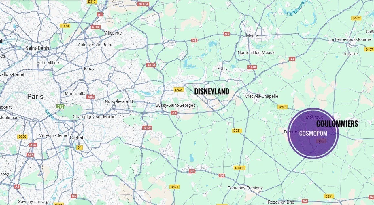 Carte de la région parisienne indiquant COSMOPOM à proximité de Coulommiers et Disneyland