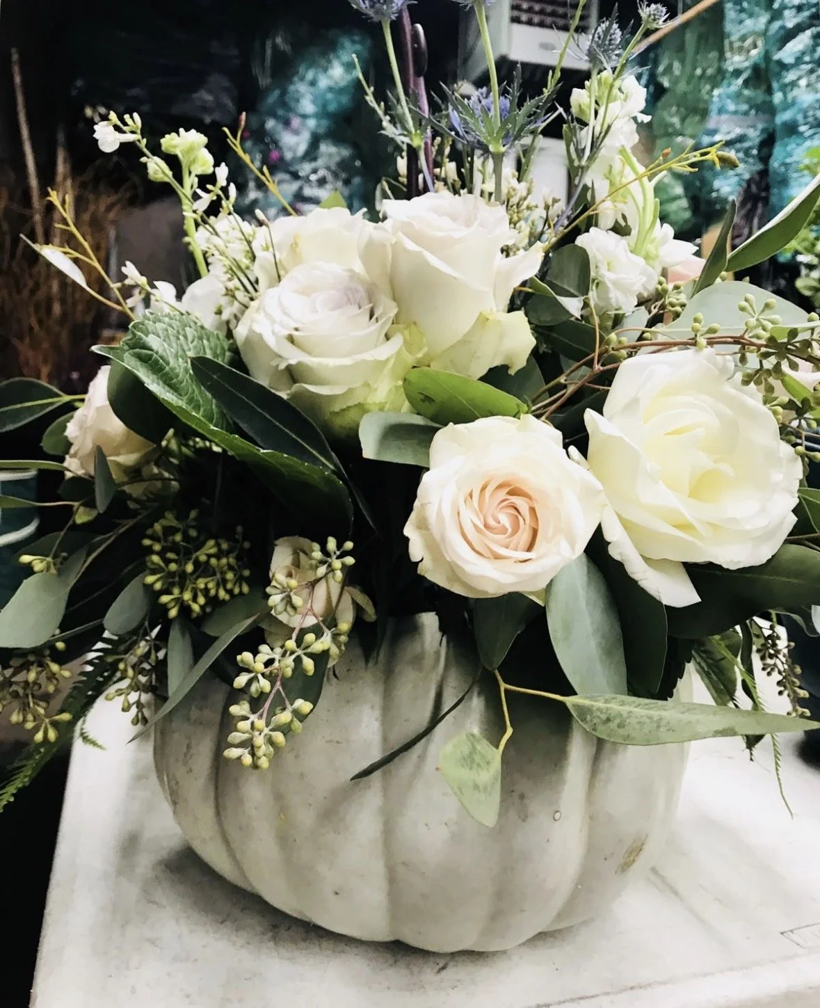 Real Pumpkin Floral Centerpiece WHITE