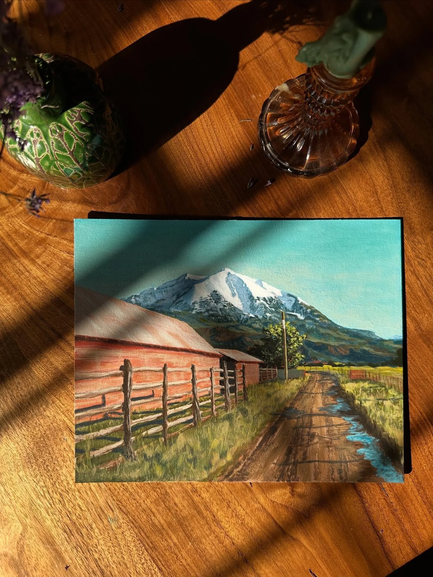 Painting the old ranch always makes me remember my grandpa reciting cowboy poems. 

&ldquo;Down in the corral, a-standin&rsquo; alone
Was this little old caballo, a strawberry roan
He had little pin ears that touched at the tip
And a big forty-four b