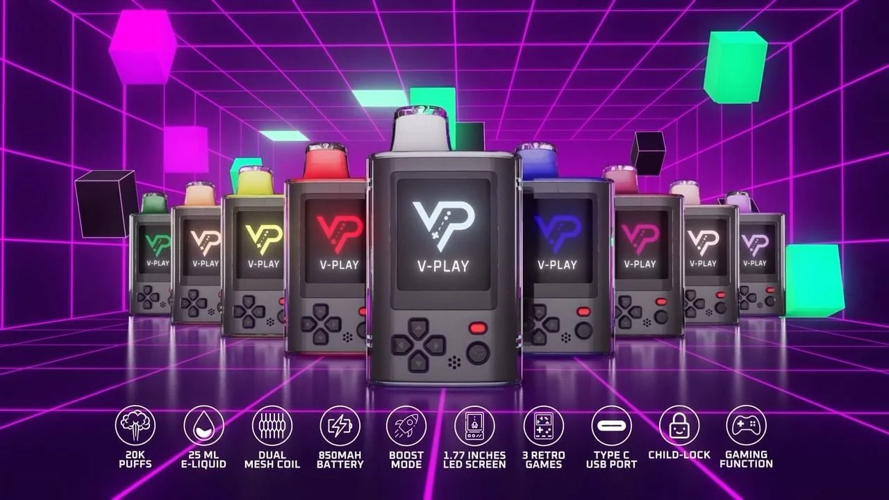 Multiple handheld vaporizer devices with digital displays, featuring vibrant neon colors in a futuristic grid setting, highlighting specifications like 20K puffs, 25 ml e-liquid capacity, dual mesh coil, 850 mAh battery, boost mode, 1.77-inch LED screen, 3 retro games, Type-C USB port, child-lock, and gaming function.