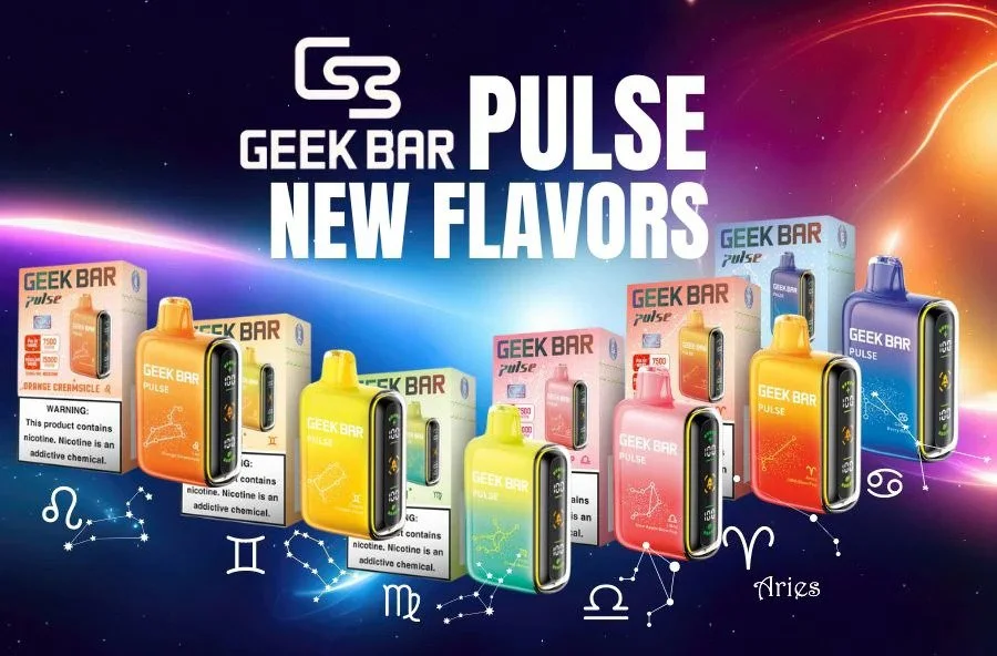 Display of various Geek Bar Pulse vape flavors with zodiac signs and new flavors introduction banner.
