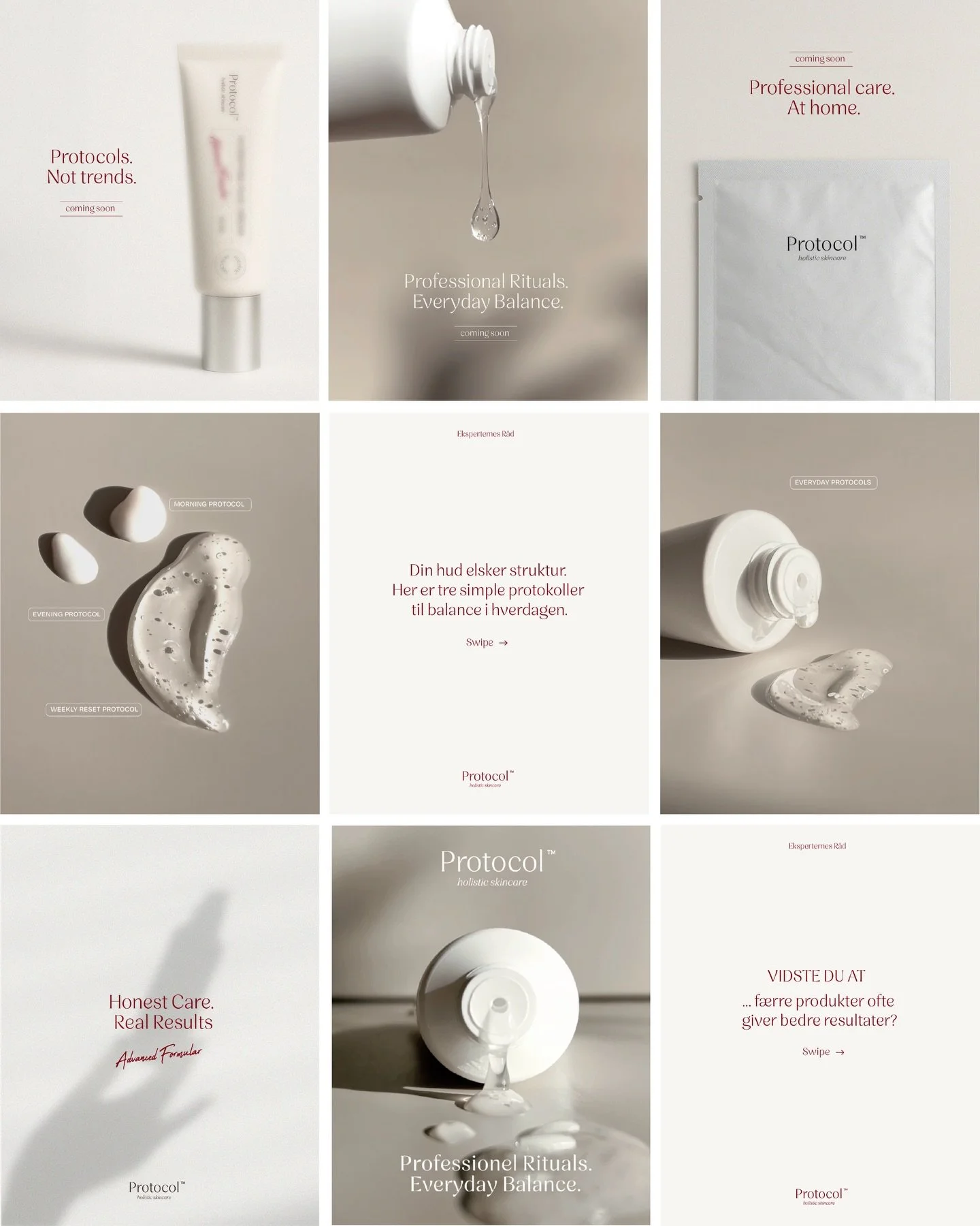 Protocol er et helt nyt brand, bygget fra bunden.
Alt content er skabt f&oslash;r de f&oslash;rste produkter overhovedet er landet, for at bygge brand univers, stemning og visuel identitet allerede inden launch.

Det her handler ikke kun om at s&aeli