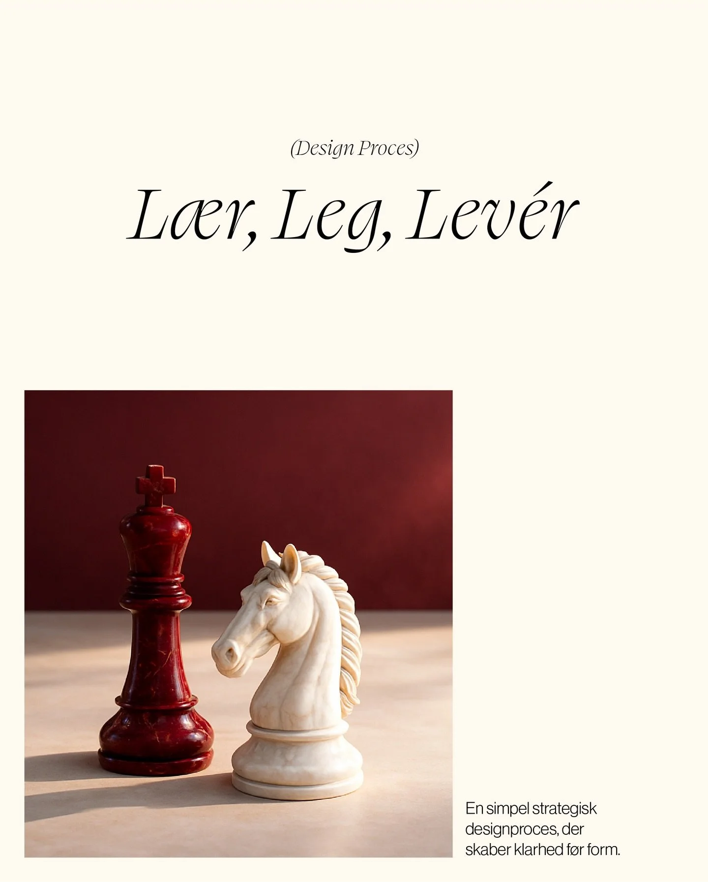 Projekt 01 signatur proces♟️
L&aelig;r, Leg, Lev&eacute;r. 💫

En strategisk designproces, inspireret af Design Thinking. 
(du ved: Empathize, Define, Ideate, Prototype, Test).

Men for dig der ikke n&oslash;dvendigvis taler designer-sprog, kan den g