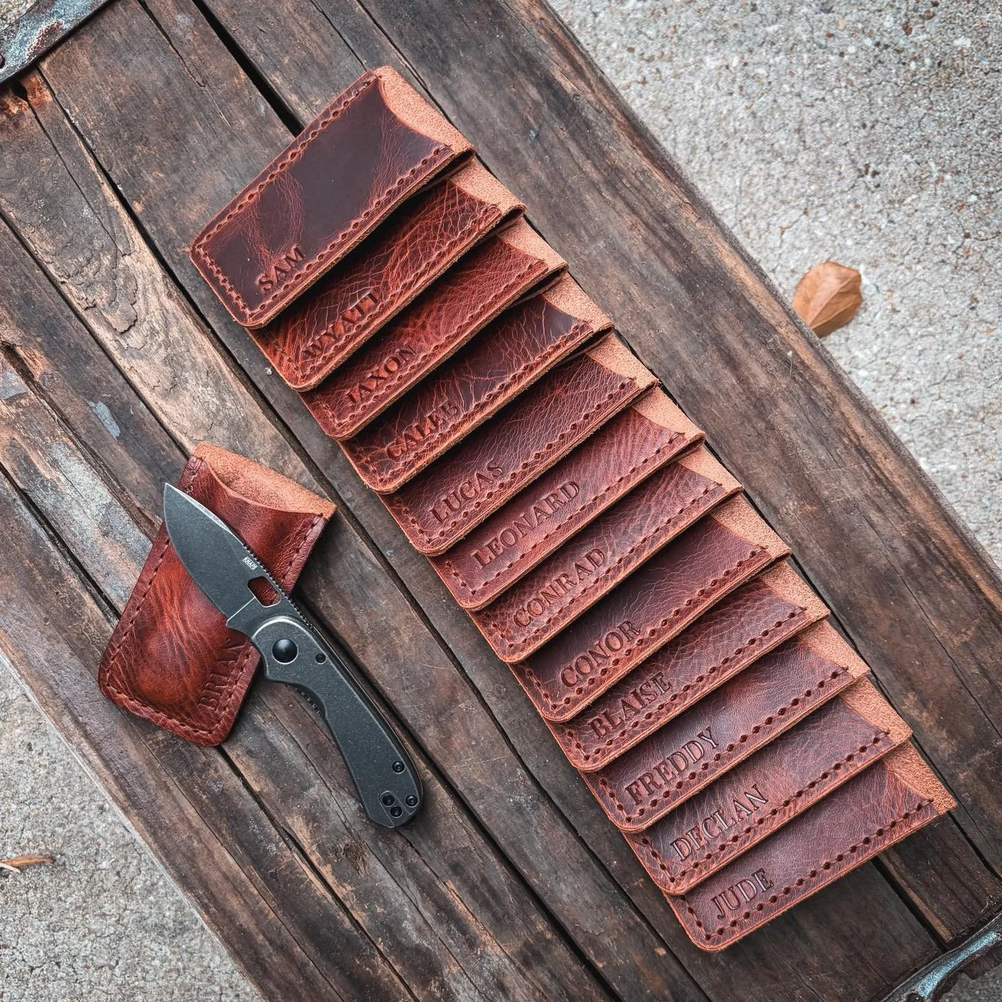 As a Cub Scout den leader, I recently had the privilege of crossing over from Cub to Boy Scouts with my entire den of twelve boys.  As a thank you and parting gift, they each got a knafs_co pocketknife and a custom leather belt sheath.  This was one 