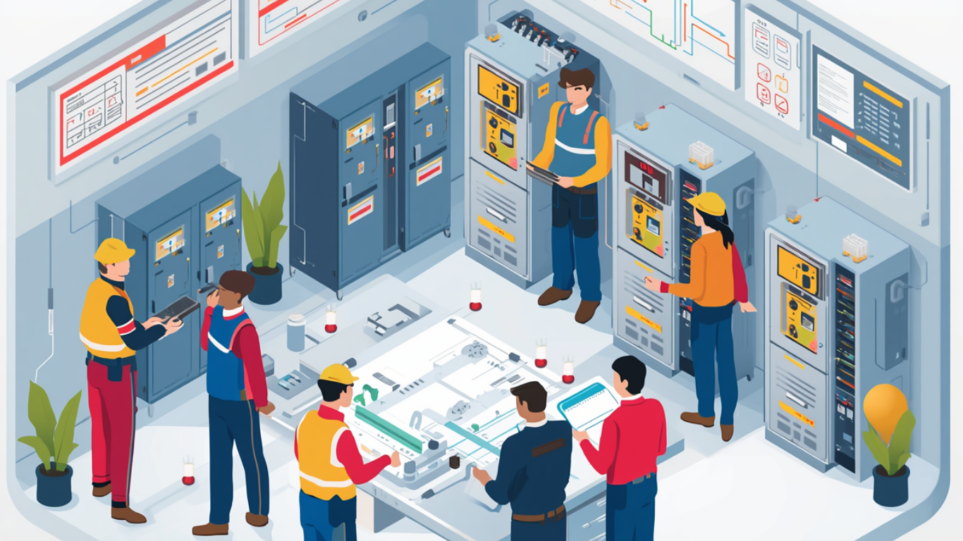 A team of engineers and technicians working together in an advanced control room with servers, monitors, and equipment, analyzing data and discussing projects.