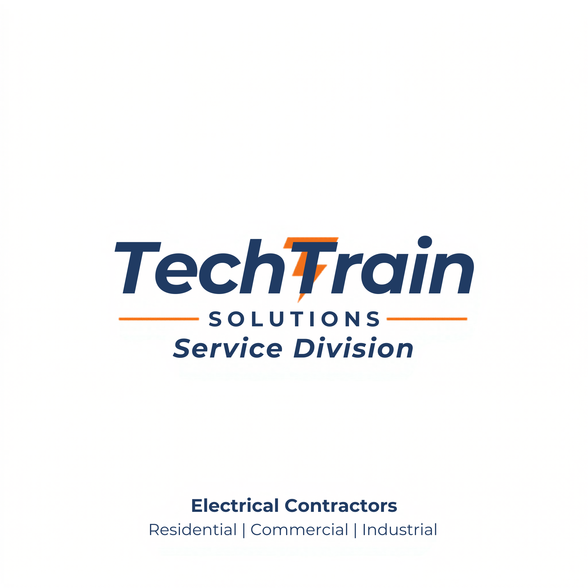 Logo for TechTrain Solutions featuring the text in navy blue with an orange lightning bolt between the words, and smaller text indicating services in electrical contracting for residential, commercial, and industrial sectors.
