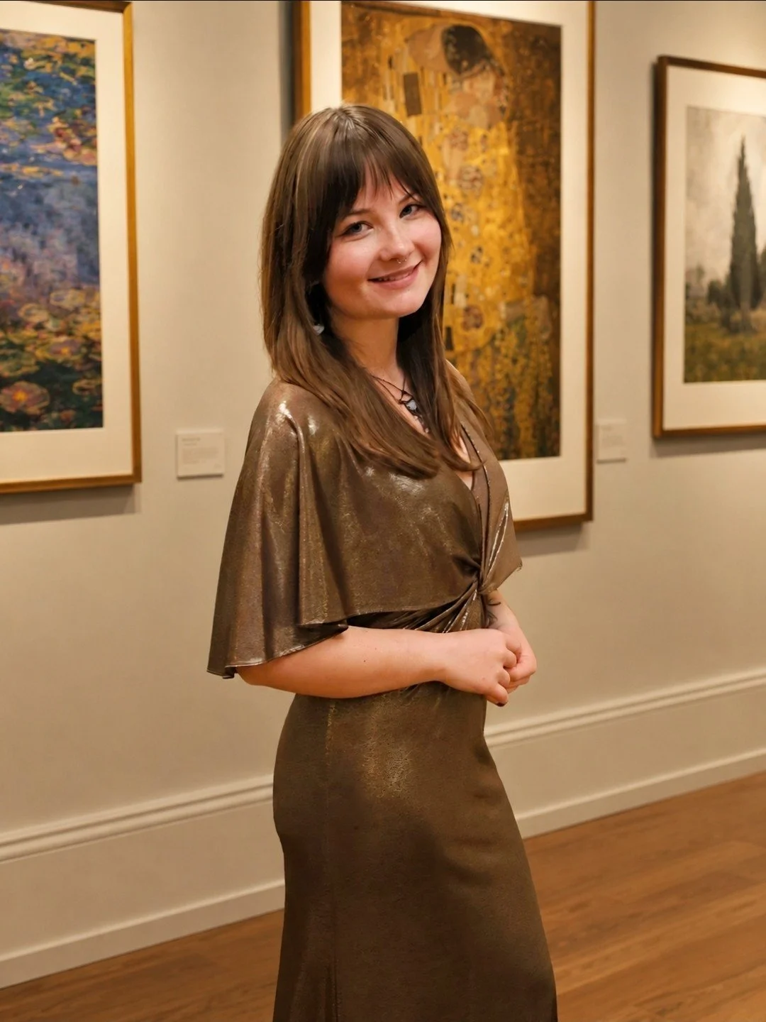 A young woman with brown hair and fair skin smiling in an art gallery, wearing a shiny bronze-colored dress with short sleeves.