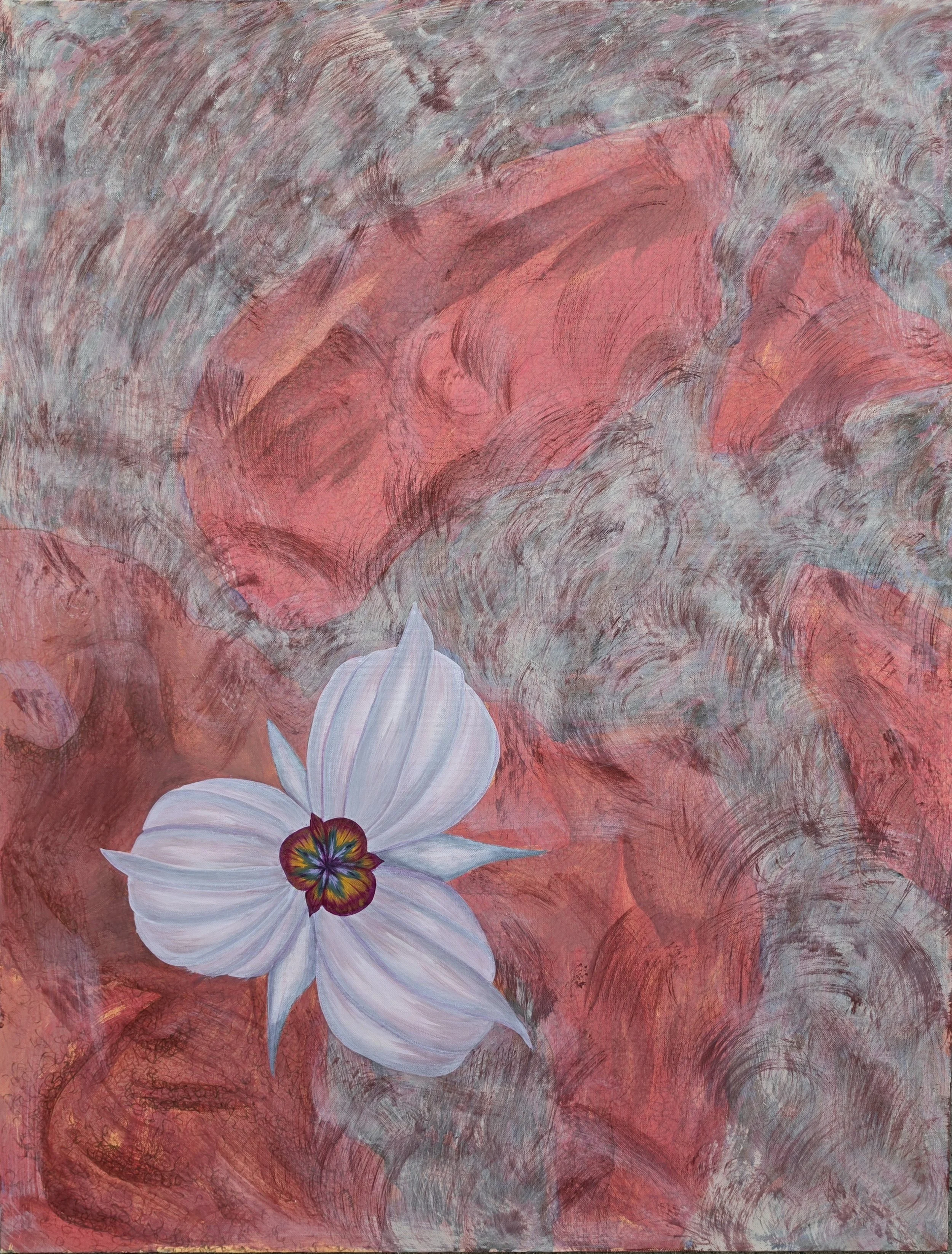 A painting with a large white flower with a multicolored center and grayish-blue petals, set against a textured reddish background with swirling gray and red brushstrokes.