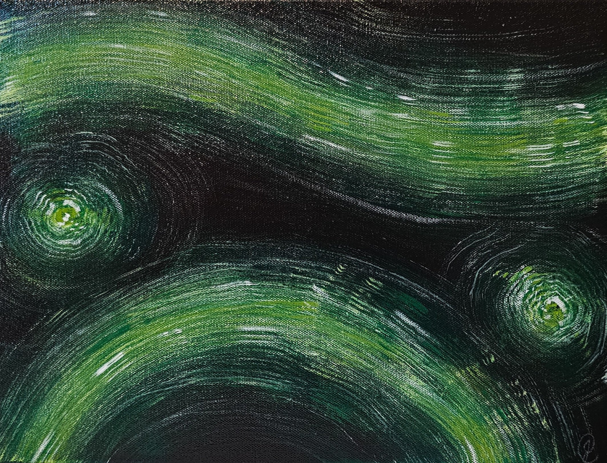 An abstract painting with swirls and flows with green and yellow tones against a black background.