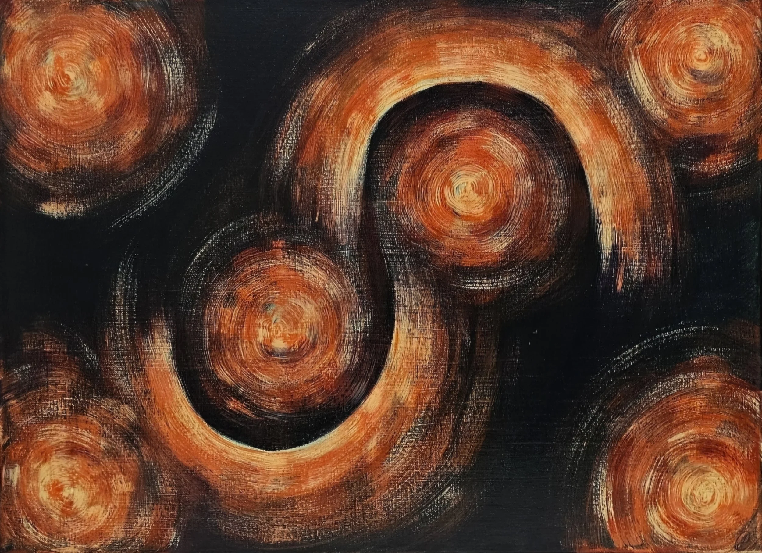 Abstract painting with concentric circles in shades of orange, red, and yellow on a black background.