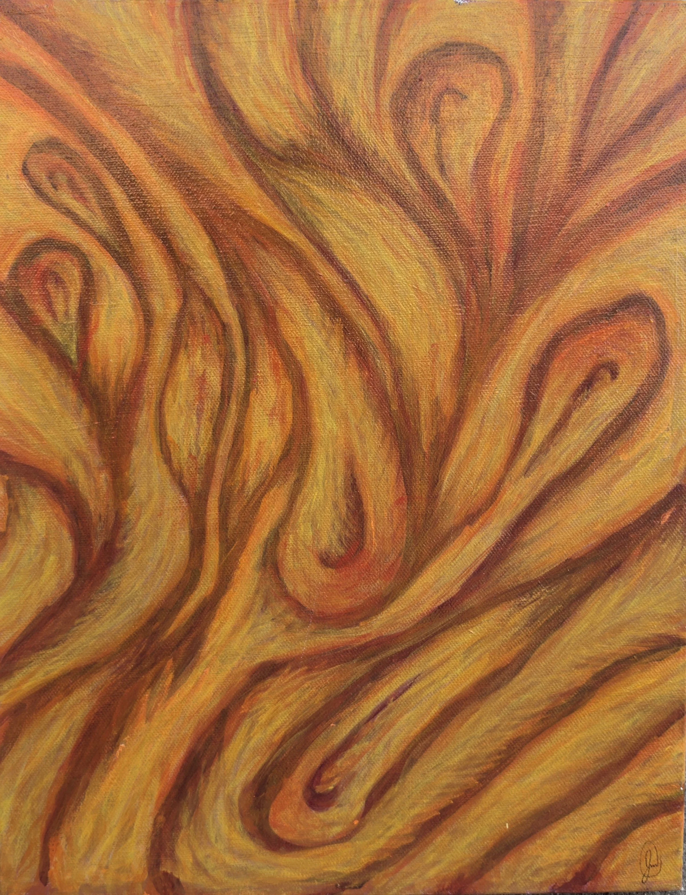 Abstract painting with swirling patterns in shades of orange, yellow, and brown.