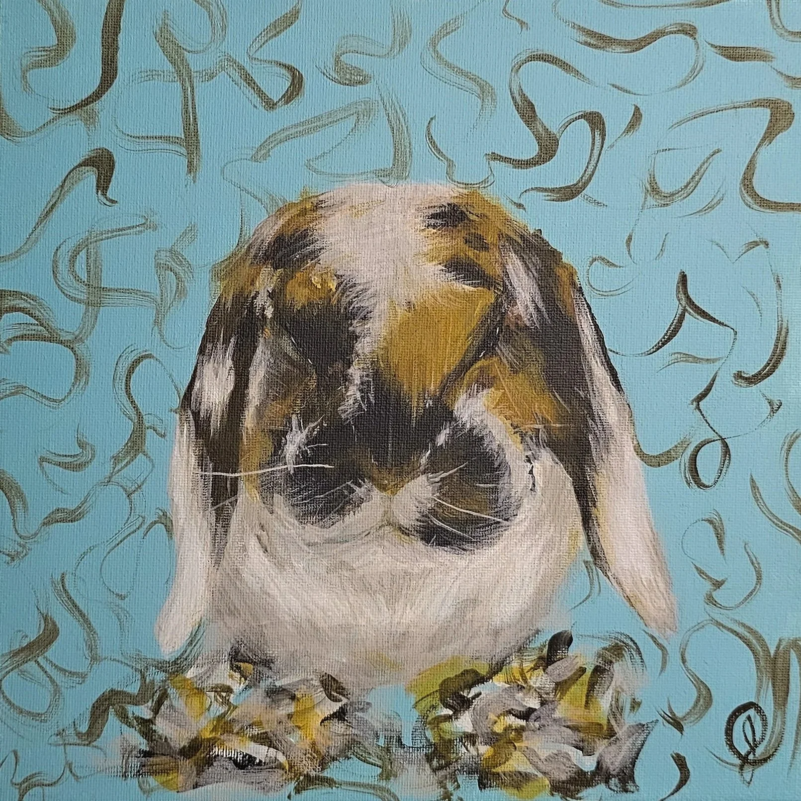 Painting of a bunny with a turquoise background and decorative tan squiggles.