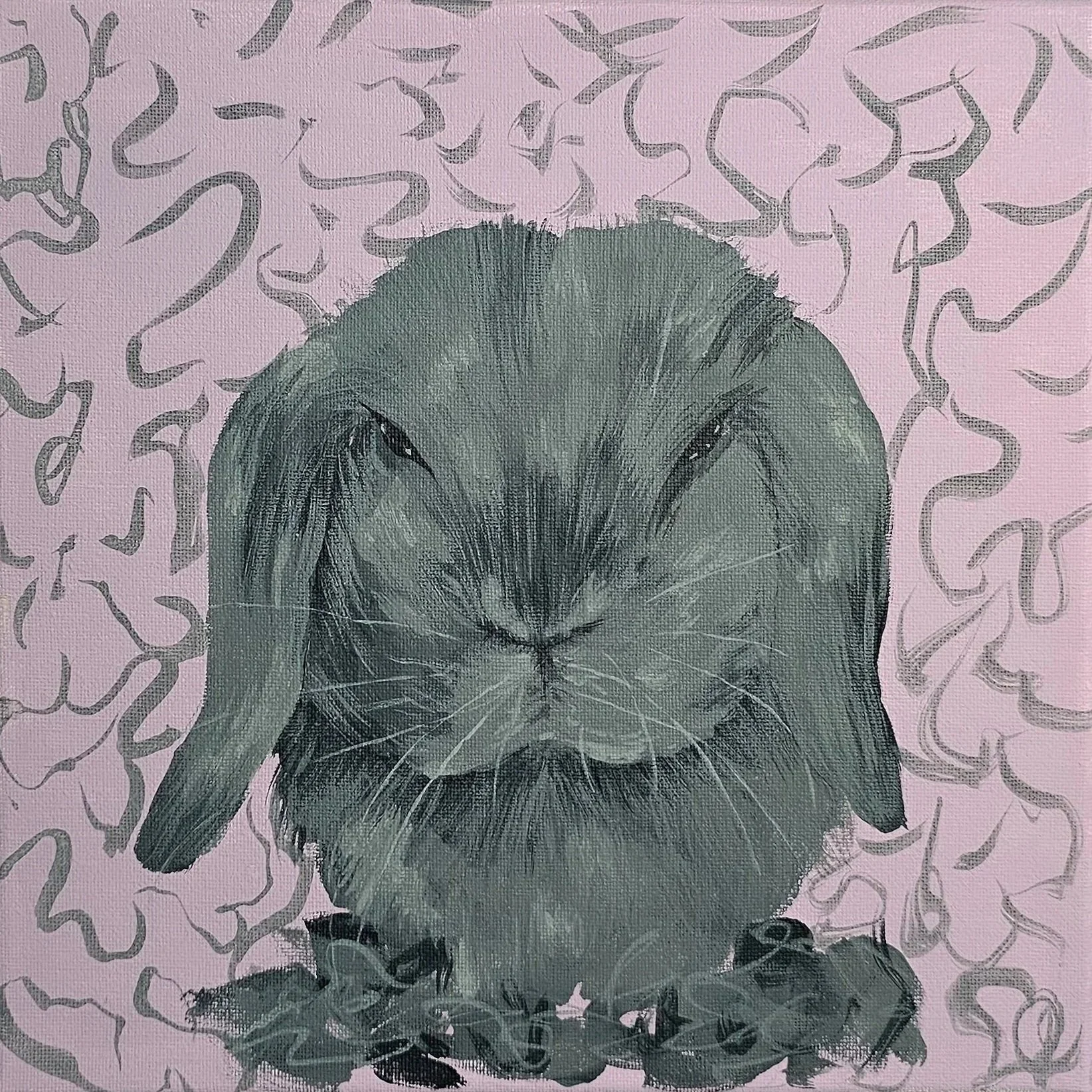 A close-up drawing of a bunny's face with detailed fur and whiskers, set against a pink background filled with abstract, squiggly lines.