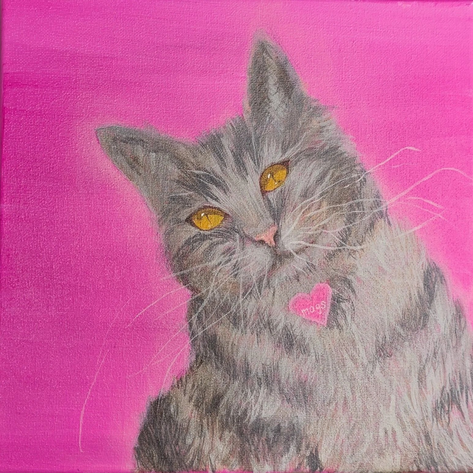 A detailed drawing of a gray tabby kitten with striking yellow eyes, wearing a pink collar with a heart-shaped tag that says 'Mags', set against a bright pink background.