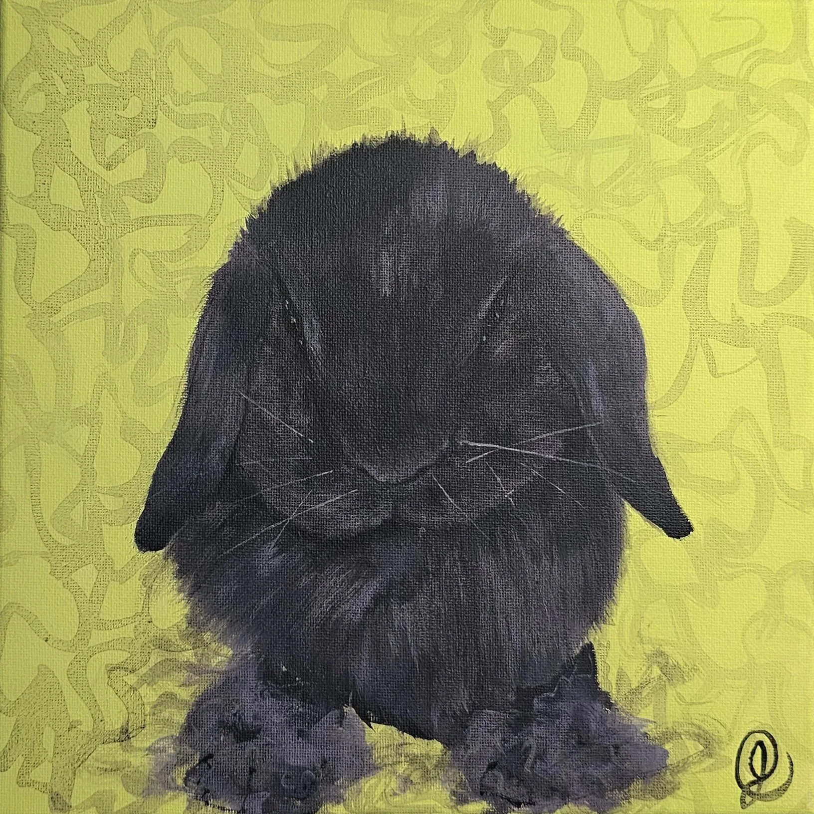 A black bunny with glowing eyes on a yellow background with sketch-like patterns.