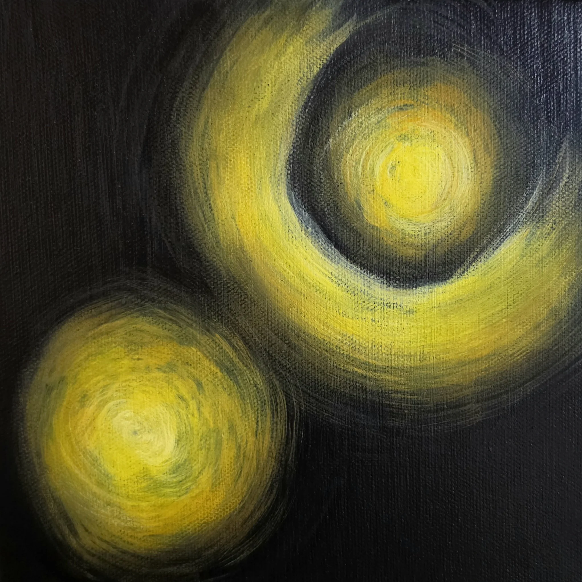 Abstract painting with swirling yellow and black pattern.