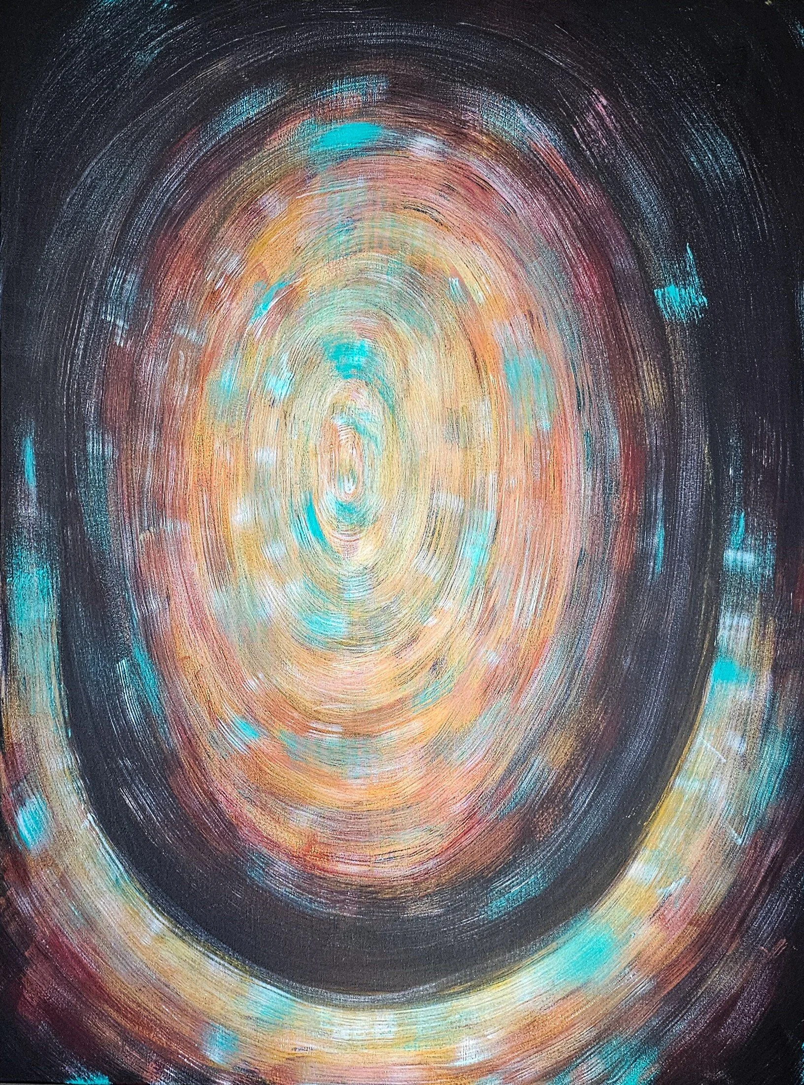 Abstract painting with concentric circles in warm and cool tones, including yellow, orange, pink, blue, and black.