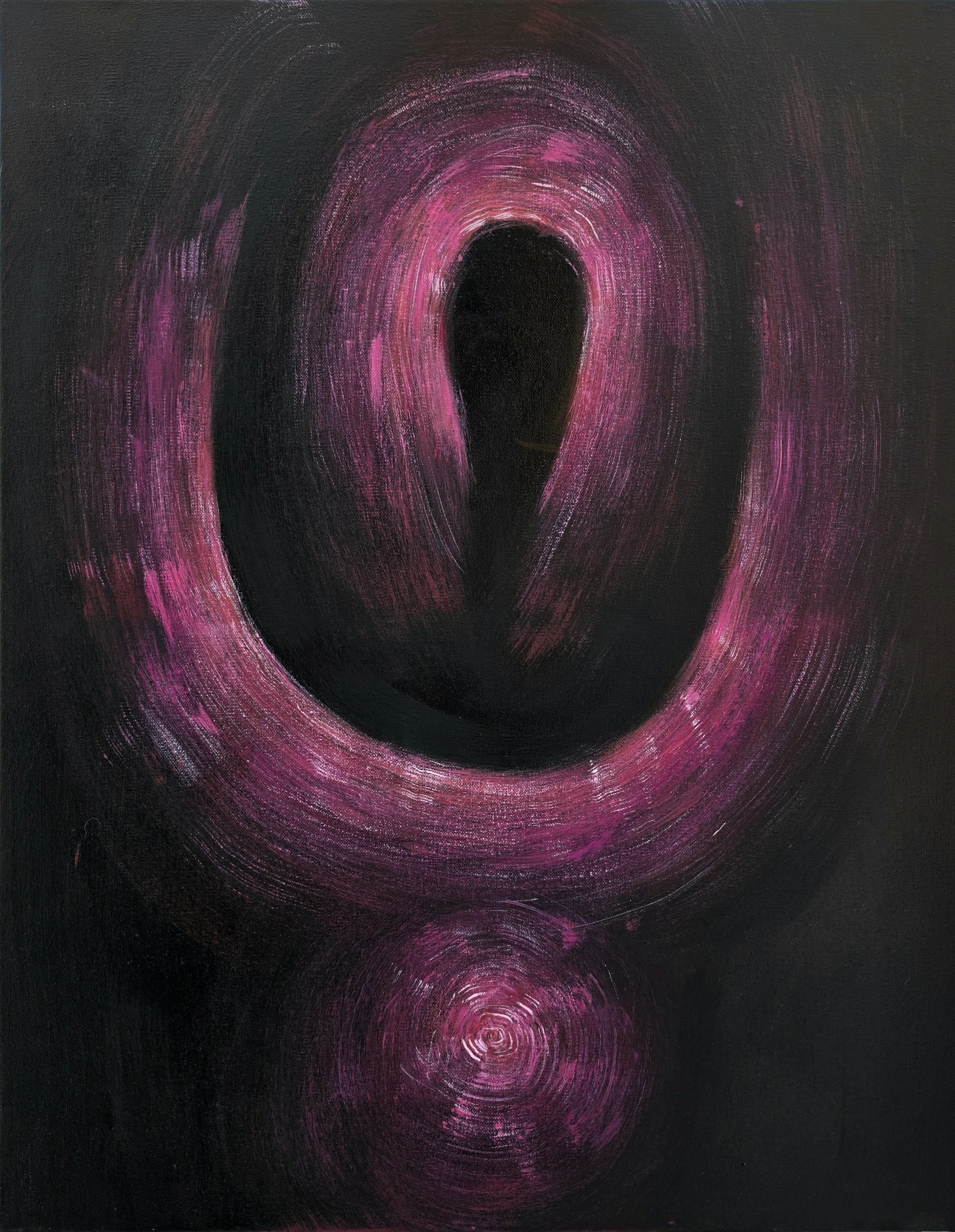 Abstract painting with concentric circles in shades of pink and purple on a black background.