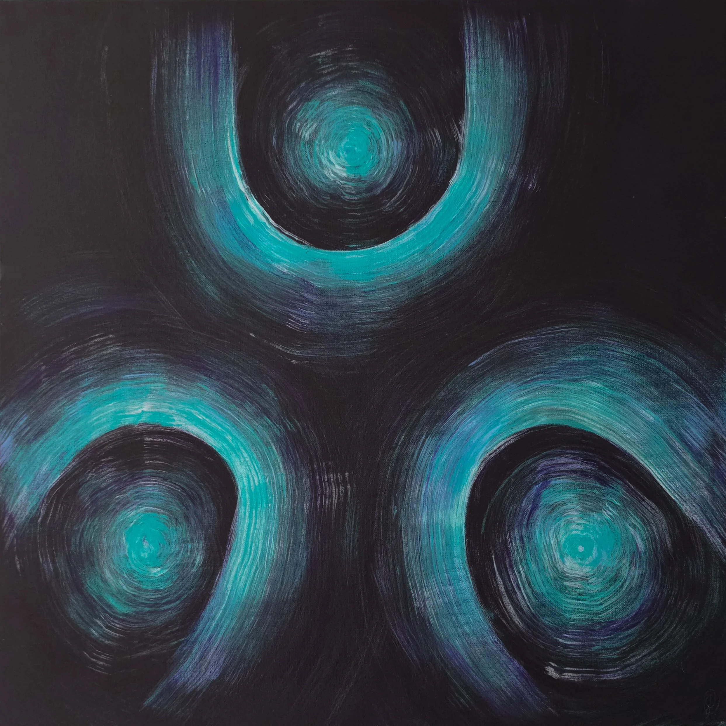 Abstract black chalkboard with swirling circular patterns in shades of blue and teal, creating a vortex-like design.