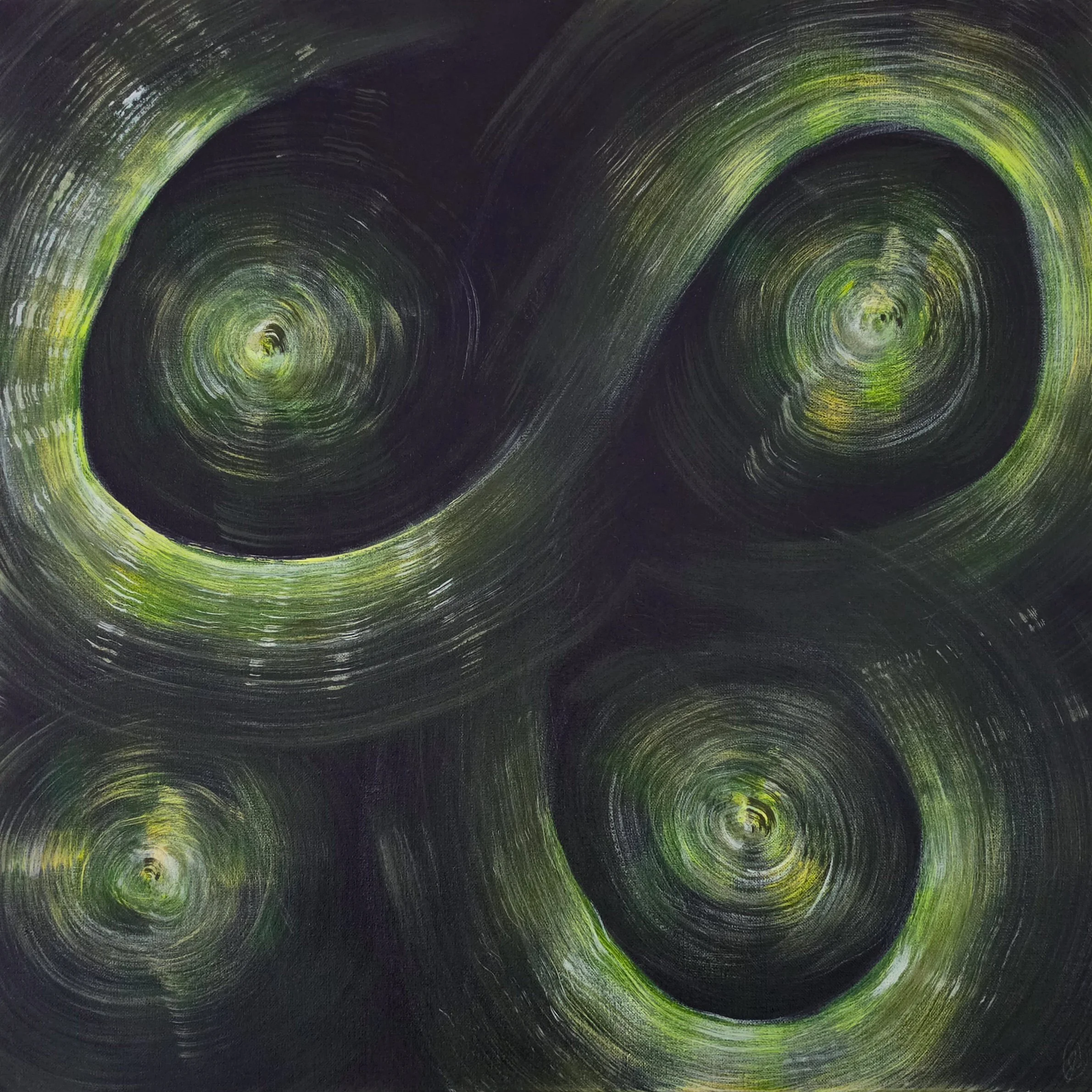 Abstract swirling pattern in black, green, and yellow colors with circular motion.