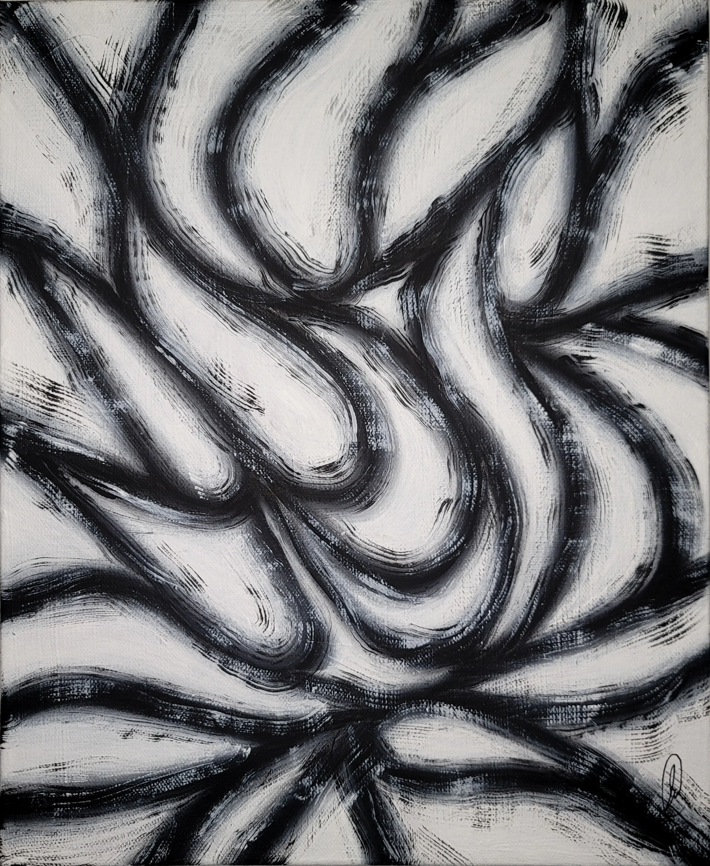 Abstract black and white painting with swirling brushstrokes, creating a dynamic, flowing pattern.