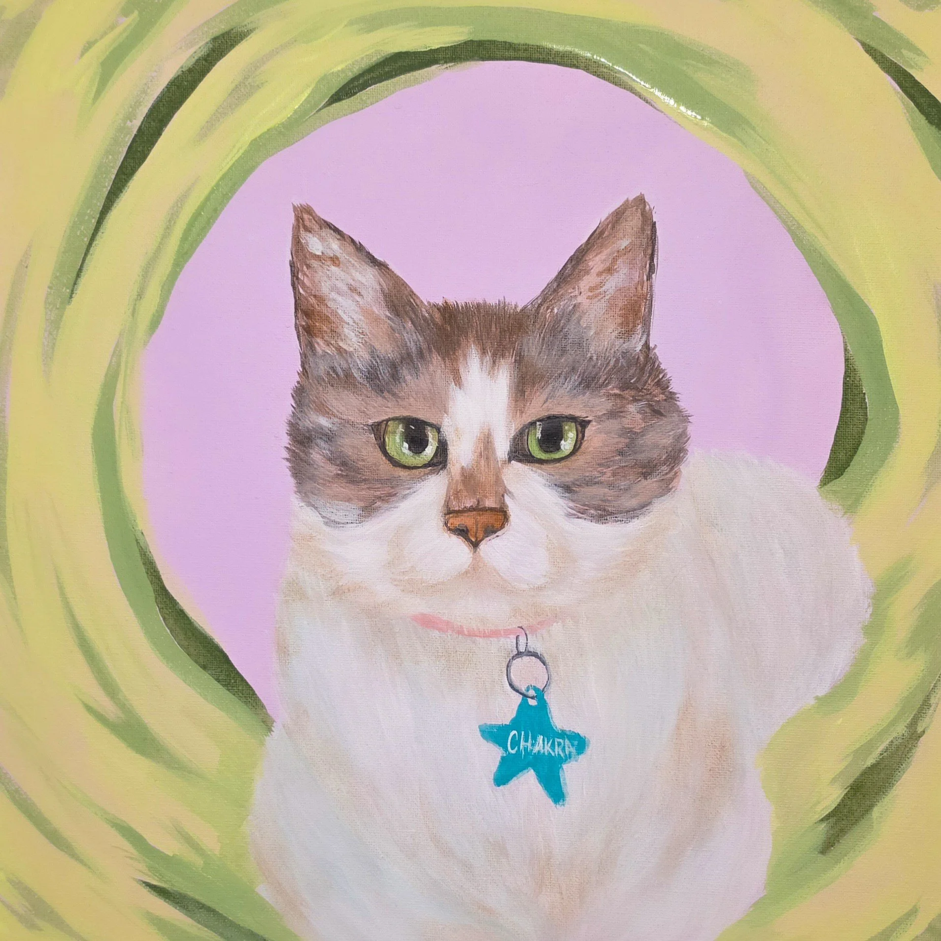 A painting of a cat's face with green eyes, wearing a blue tag that says 'Chakra', surrounded by a green and yellow circular pattern with a pink background.