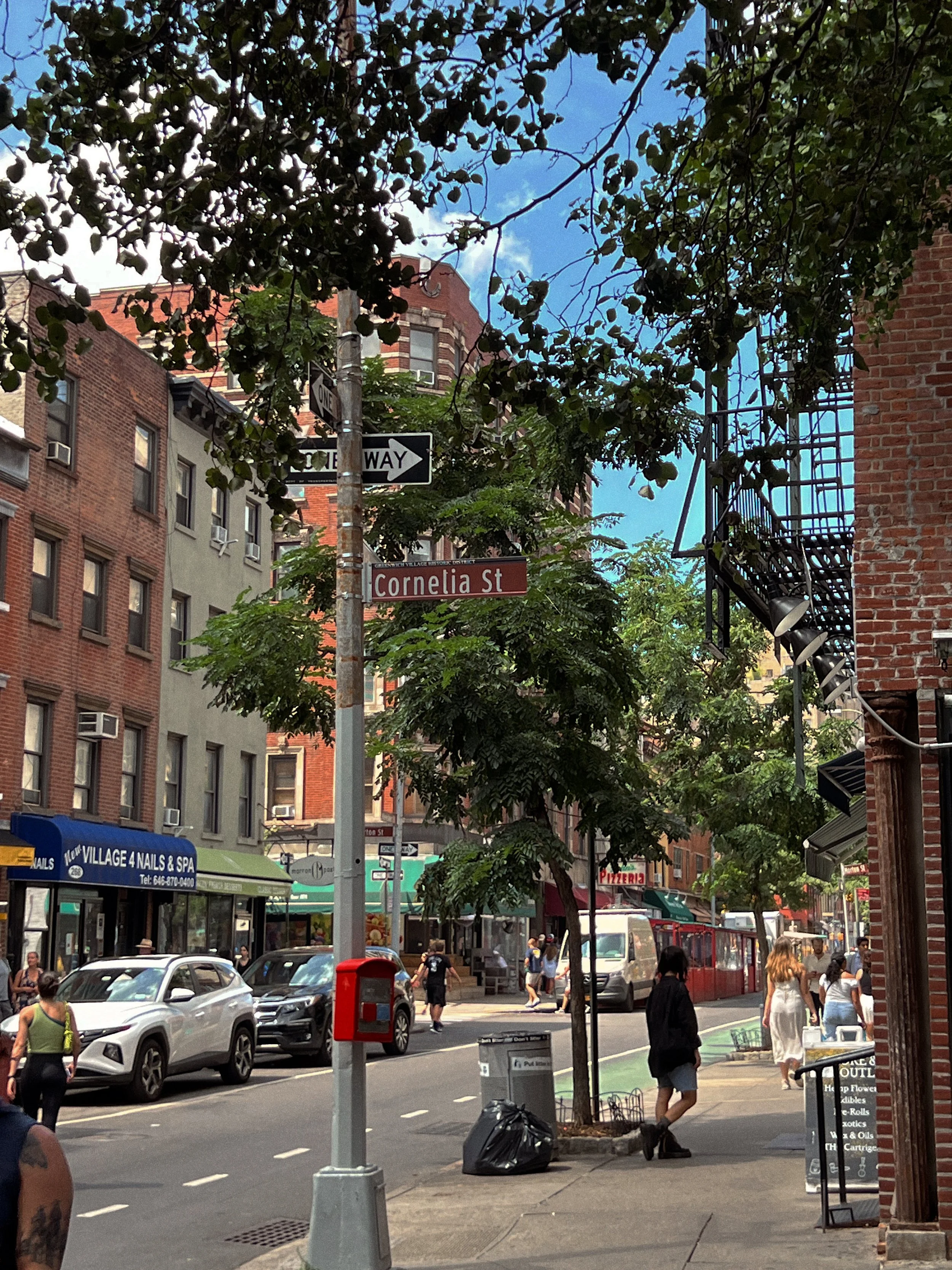 Street scene at the corner of Cornelia Street with pedestrians walking, parked cars, a red mailbox, green and white storefronts, and trees lining the sidewalk on a sunny day with a partly cloudy sky.
