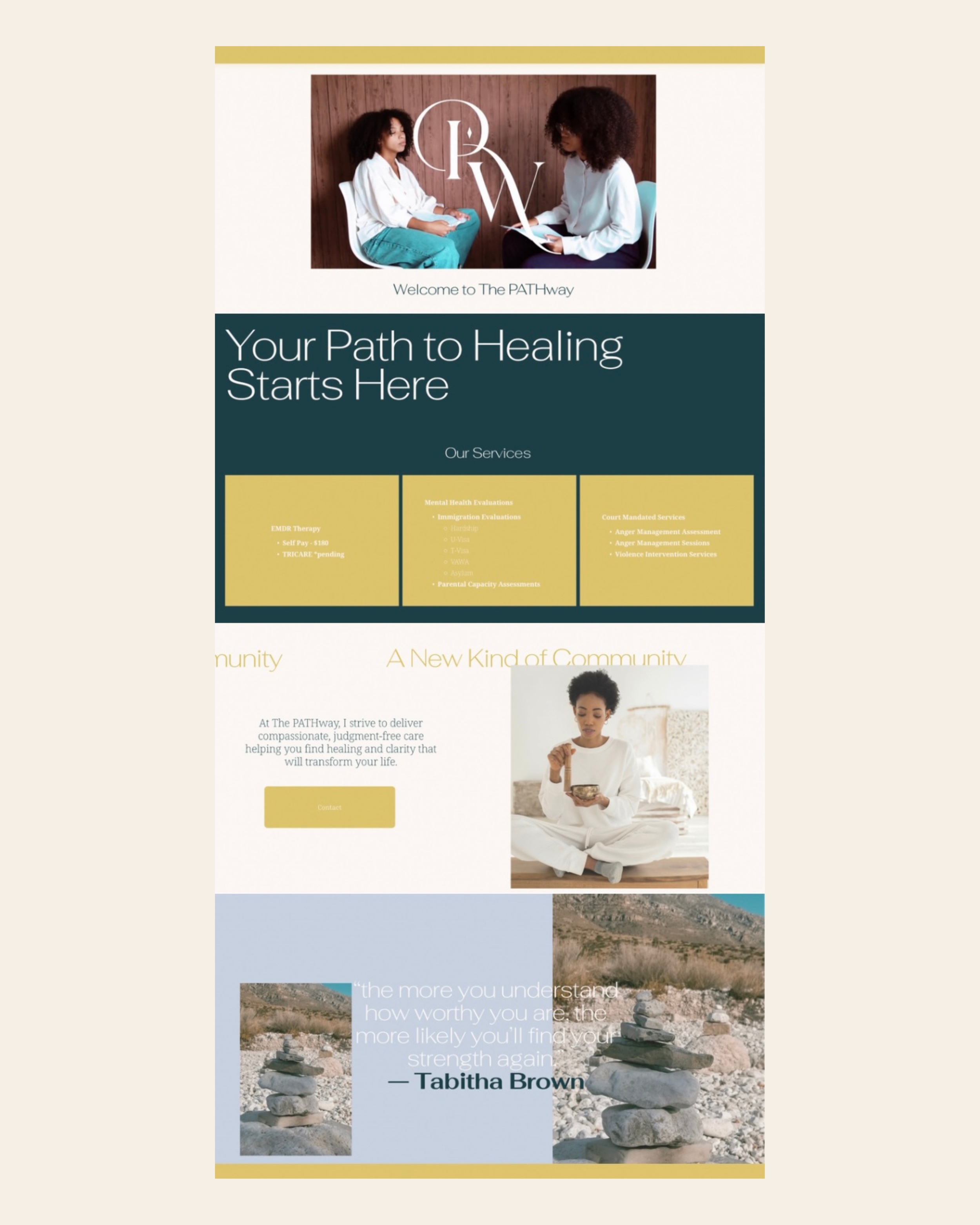 Sacred Pathways + The Pathway:
Branding & Web Development | Grounded, modern visuals with a streamlined digital presence.