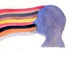 A watercolor painting of a person's silhouette in profile with colorful stripes extending from the mouth