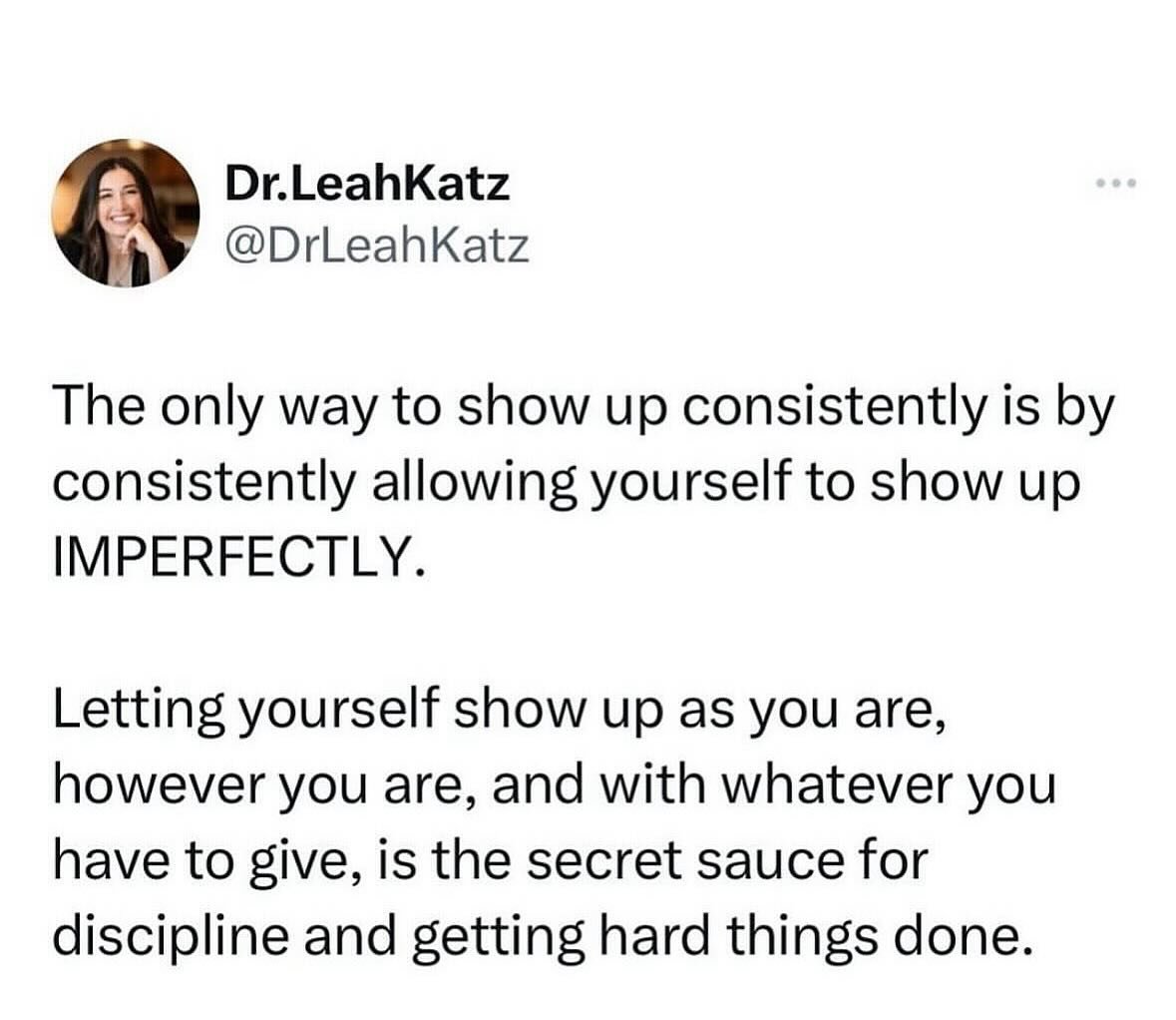 Embracing imperfection is the only way to make sustainable change.

It&rsquo;s also the most compassionate path to get you there.

Forming new habits is just as much MINDSET as it is PRACTICAL change. Two sides of the same coin.

A non-negotiable min