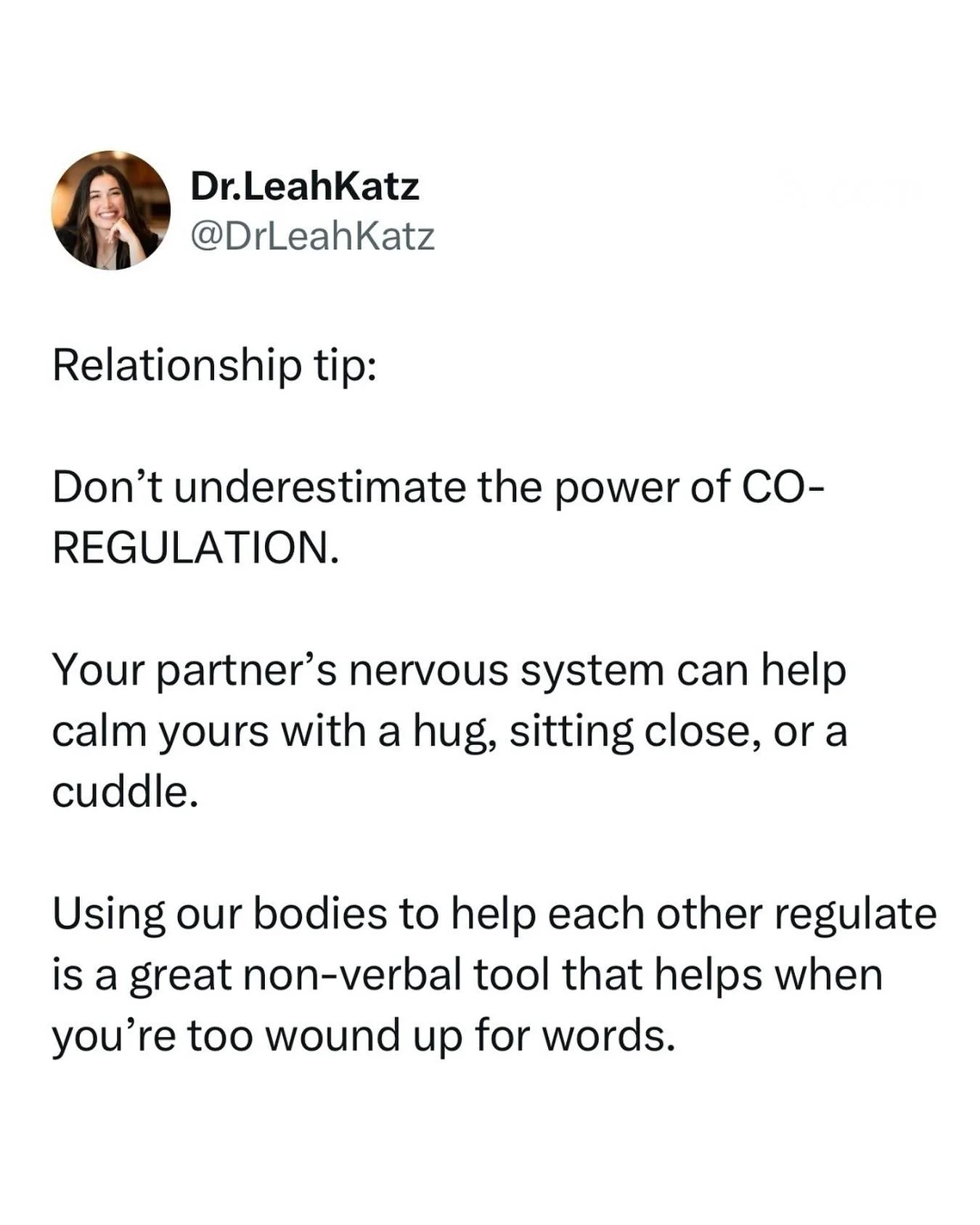 Leaving this here for anyone who wants to add this skill to their self-soothing tool kit.

Our nervous systems pick up on the nervous systems of the people around us.

Sometimes we&rsquo;re too wound up for words. Then, co-regulation can be helpful i