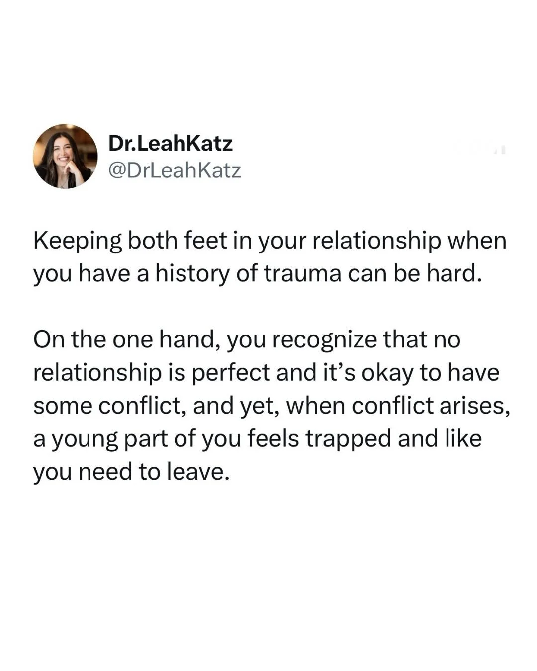 I hope this helps someone today 💗.

Feeling like you can&rsquo;t stay whenever there&rsquo;s conflict in your relationship is a clue that there&rsquo;s a young you online.

That young part feels unsafe and trapped and misinterprets the conflict.

It