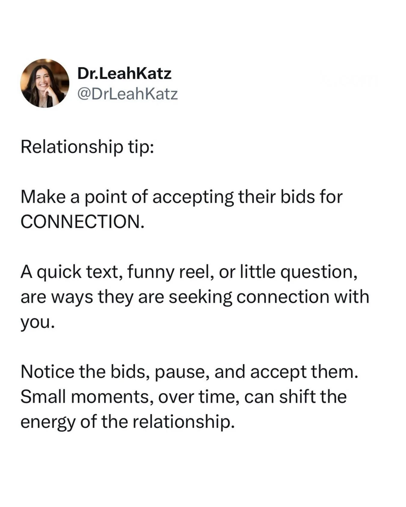 Small intentions can go a very long way in shifting the energy of your relationships.

Creating an intention to notice bids for connection, and lean into them, not only makes the other person feel so seen, it builds trust and intimacy.

Making a poin