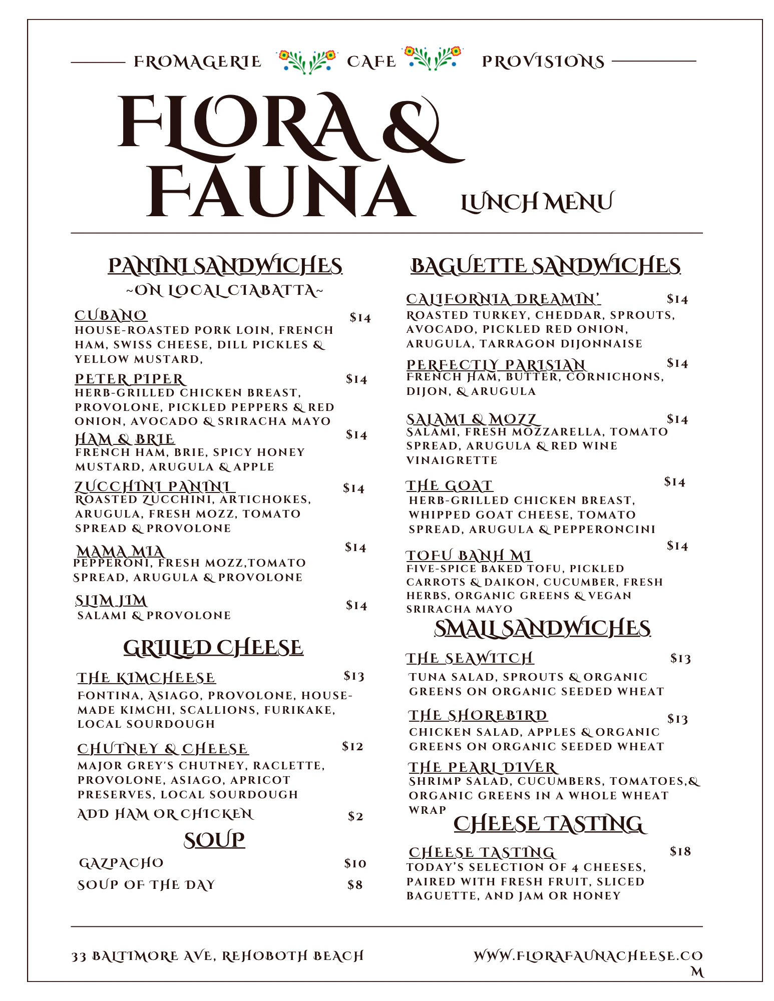 Menu from Flora & Fauna restaurant featuring various sandwiches, cheese tasting, and cheese dishes, along with soup and other offerings, displayed in black text on a white background.