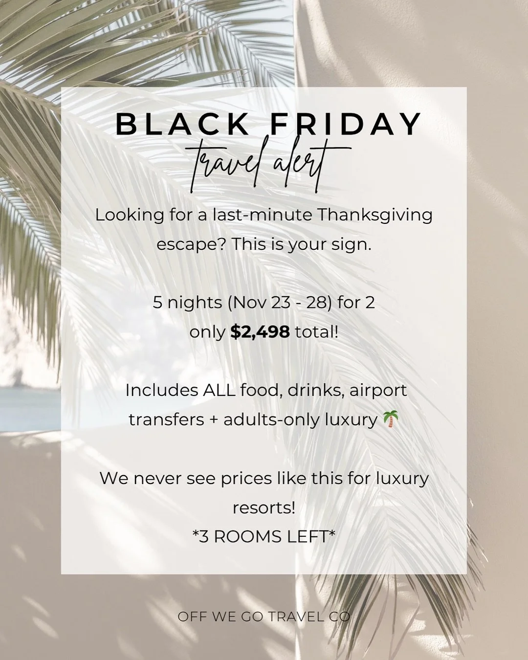 Black Friday luxury for less 🤍

Excellence Playa Mujeres just dropped an unreal deal!

5 nights for 2 adults for $2,498 total, all-inclusive.
Perfect for a spontaneous Thanksgiving escape!