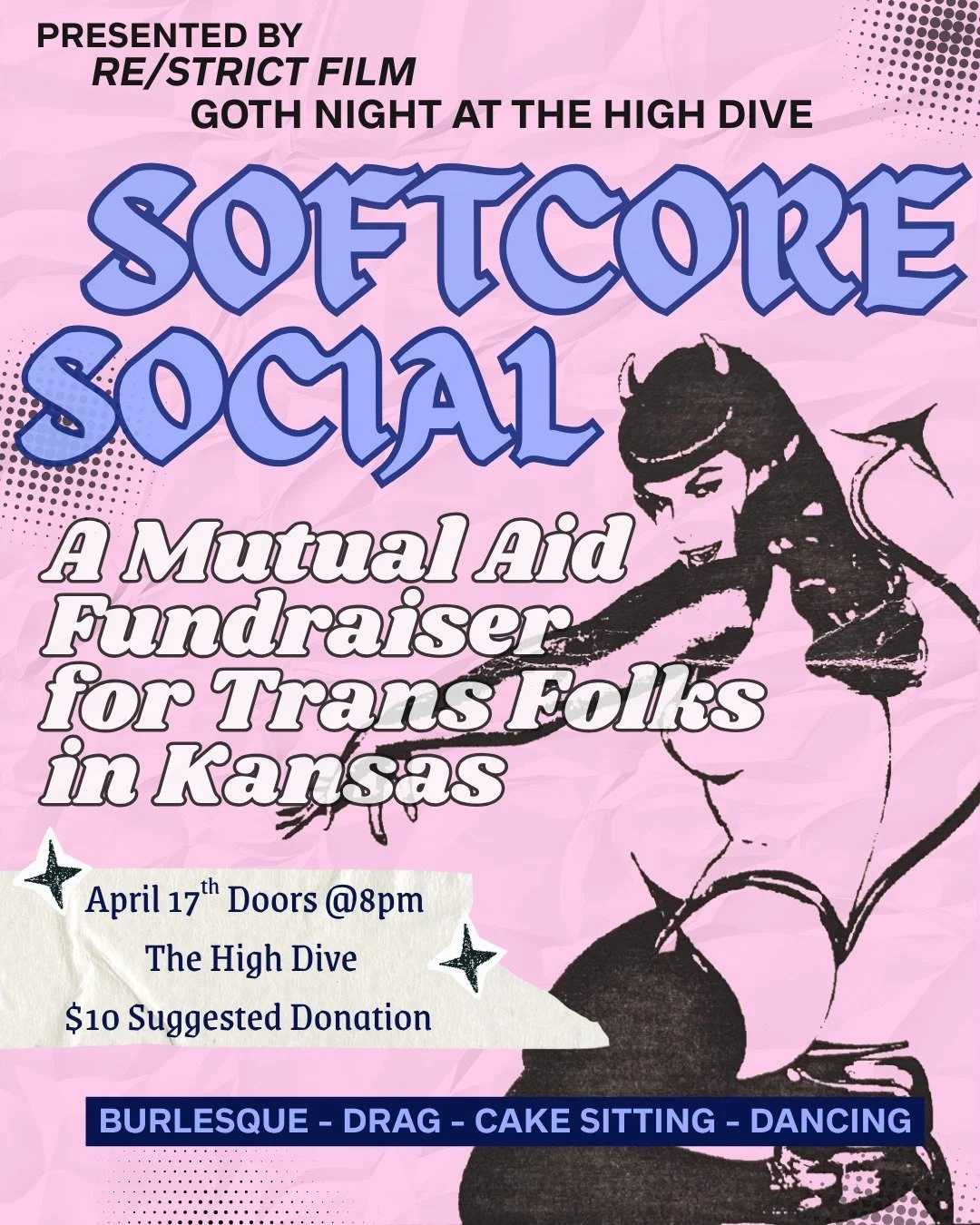🖤🩸 SOFTCORE SOCIAL 🩸🖤 Presented by Goth Night at High Dive &times; RE/STRICT Film Burlesque. Drag. Cake Sitting. Dancing. 🎂 

Come get weird, get glam, and do some good while you're at it. Softcore Social is a mutual aid fundraiser. Every dollar