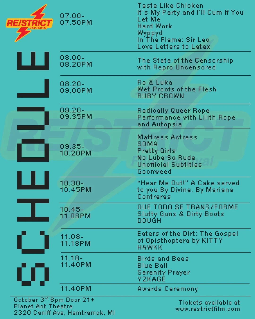 THE OFFICIAL 2026 RE/STRICT FILM FESTIVAL LINE UP IS SET!

We are so excited for this years line up! Tickets are moving fast, and we encourage folks to buy early. Once they are gone we cannot add more!

You can find tickets, FAQ, and info on all of t