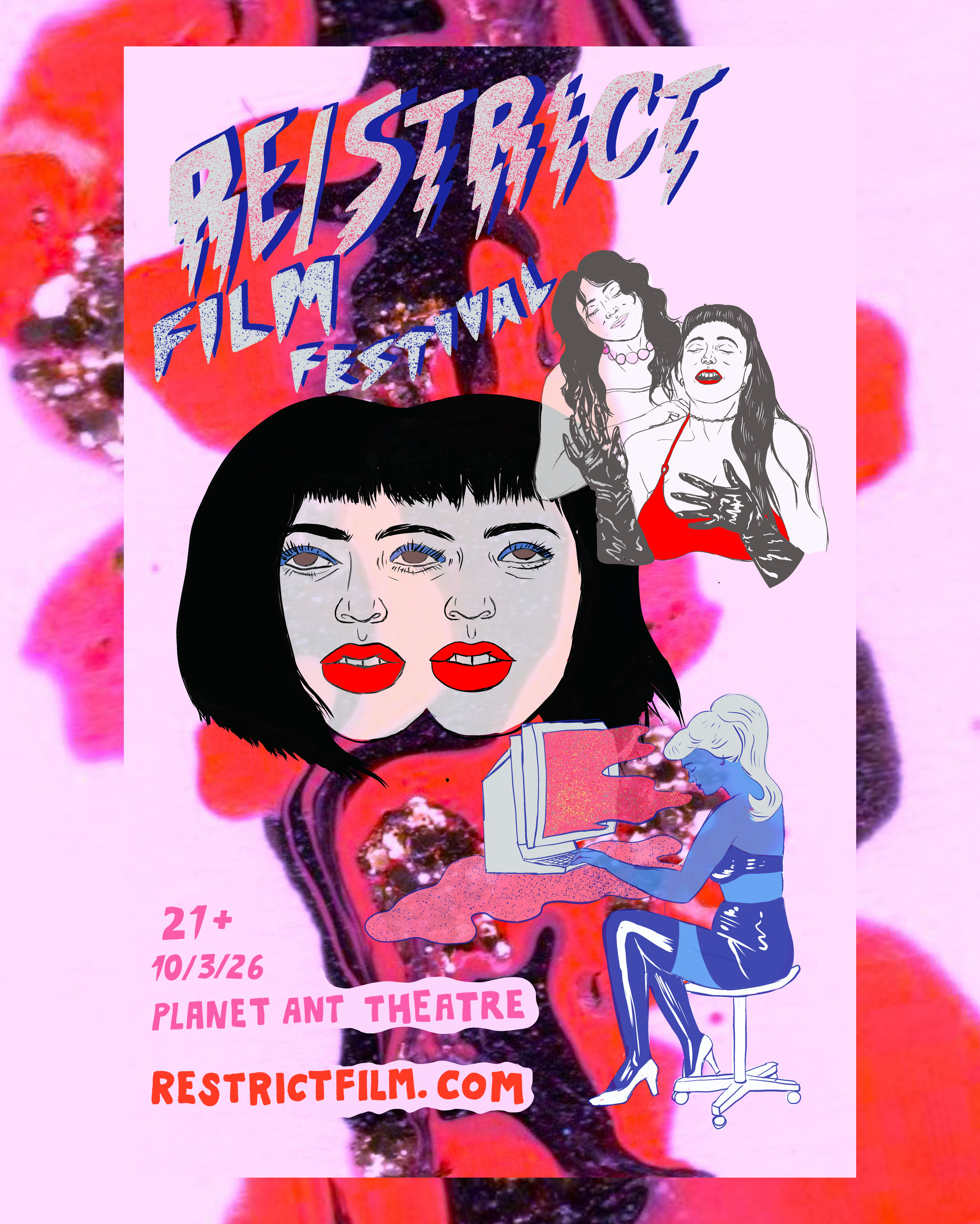 A digital collage promoting the Resistance Film Festival with stylized illustrations of women, a large pink and purple layered background, and event details in pink, orange, and purple text.