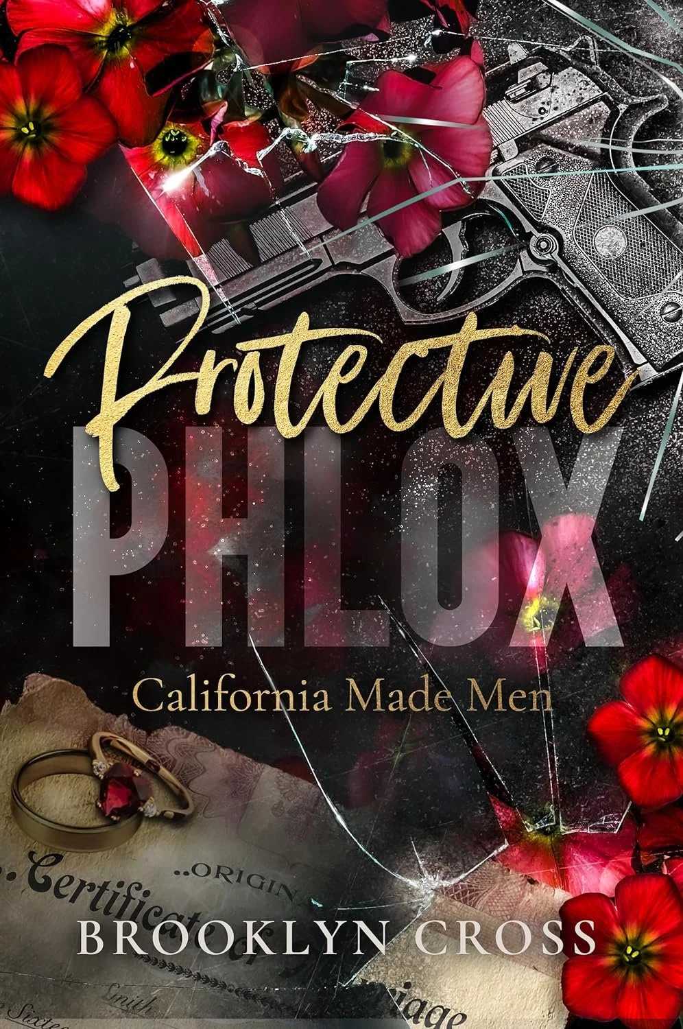 Shattered glass over a gun, red flowers, a gold ring, and a certification document, with the text "Protestante PHILOX California Made Men Brooklyn Cross" overlaid.