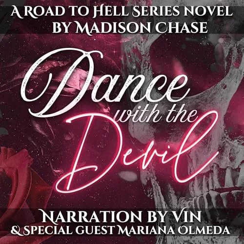 Book cover for 'Dance with the Devil' by Madison Chase, part of the 'Road to Hell' series. Features a dark background with a grinning skull and pink neon text.