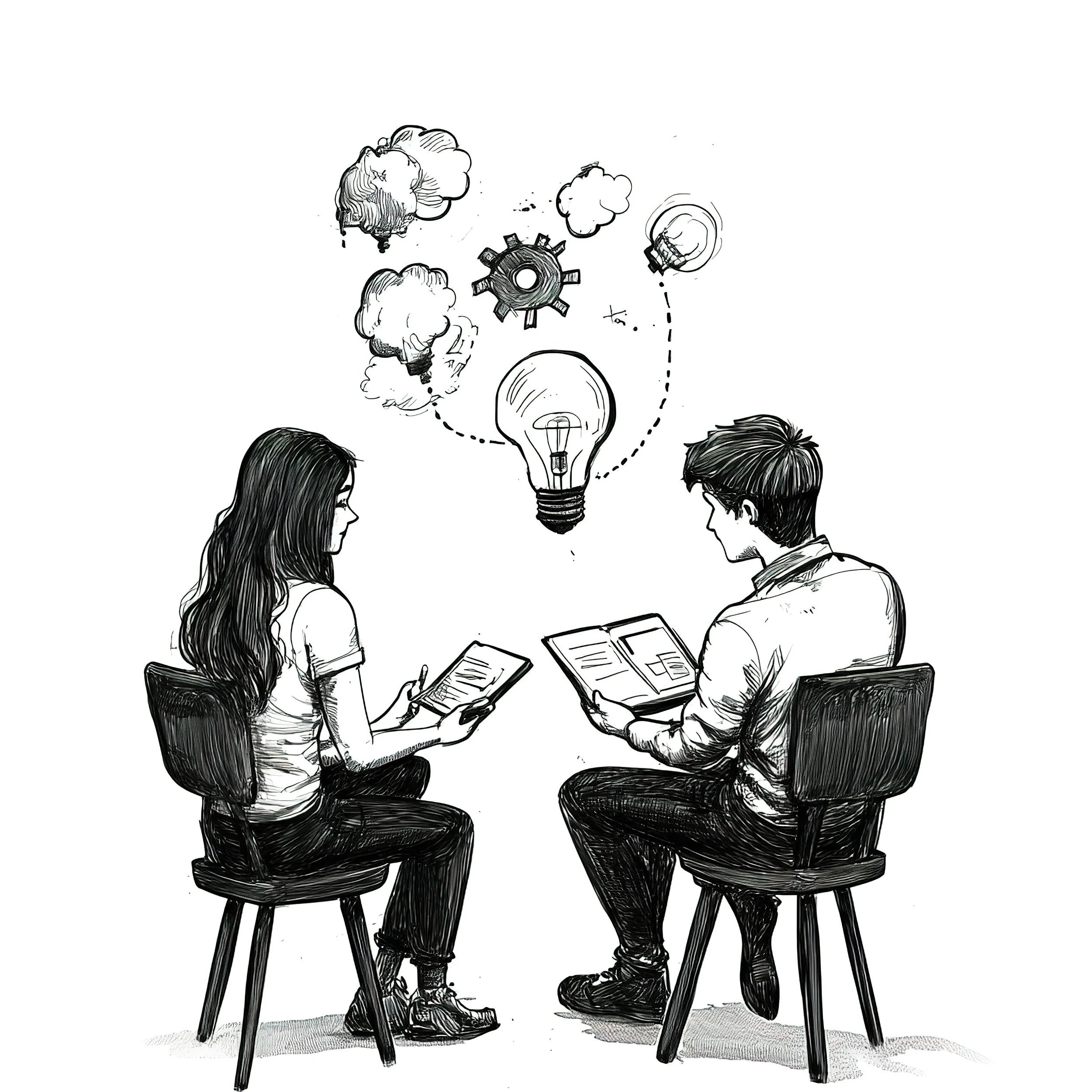 Black and white sketch of a man and woman sitting on chairs, each reading a book or tablet, with a large lightbulb above them surrounded by thought clouds and gears, symbolizing ideas and creativity.